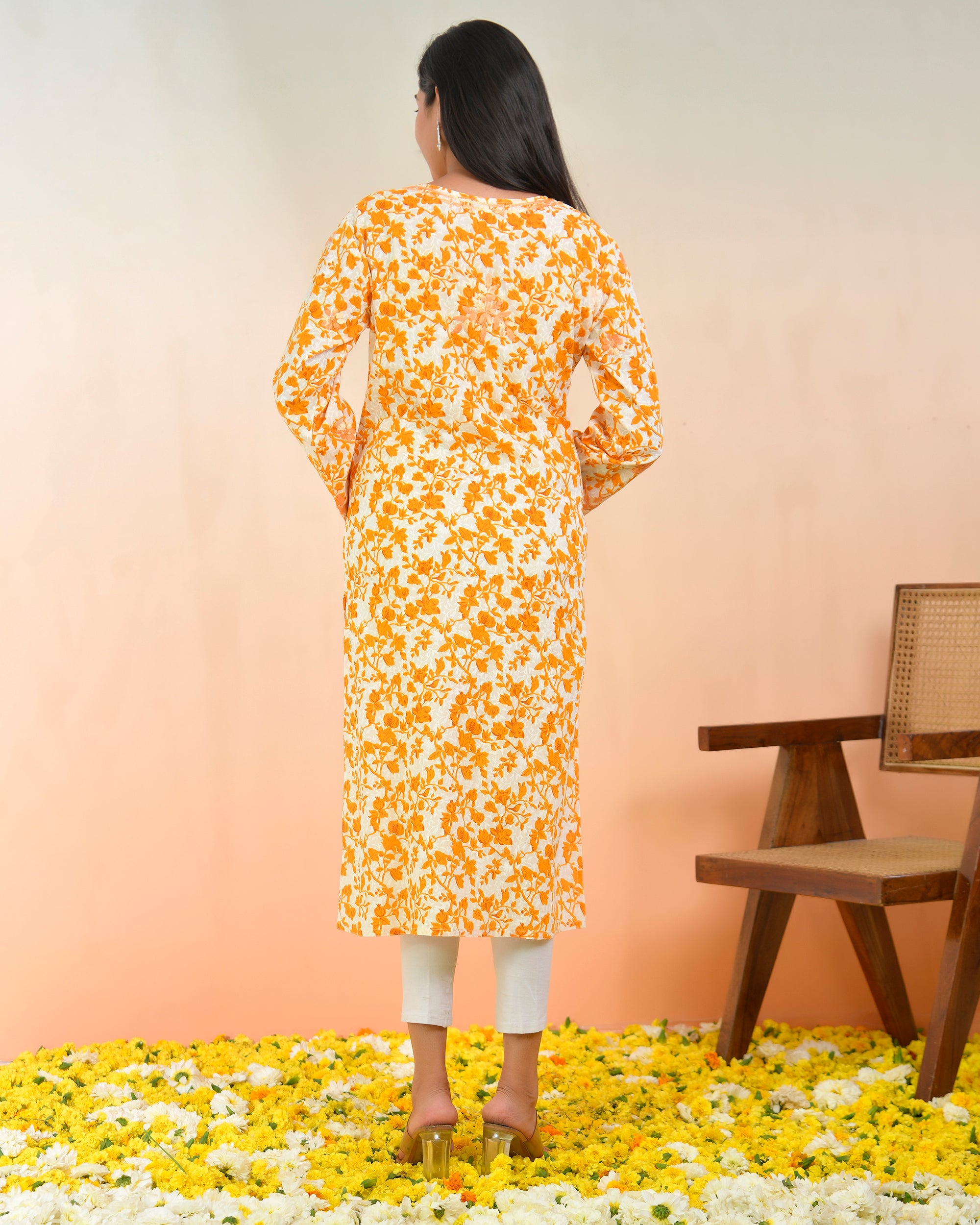Chikankari Kurta in Mul cotton in Yellow Print