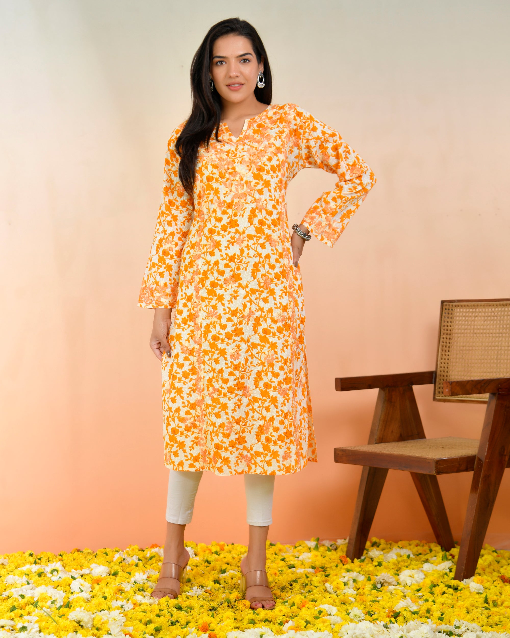 Chikankari Kurta in Mul cotton in Yellow Print