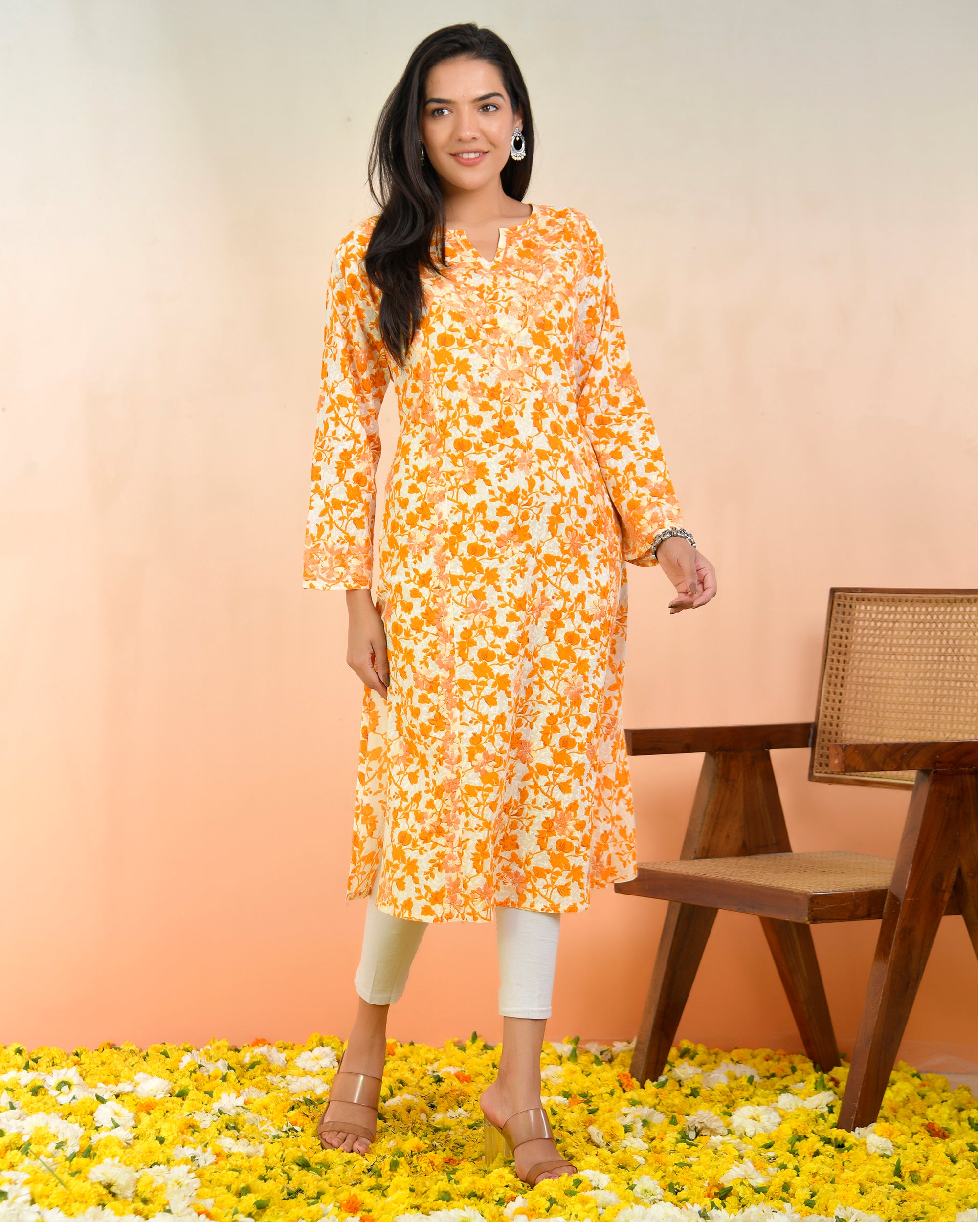 Chikankari Kurta in Mul cotton in Yellow Print