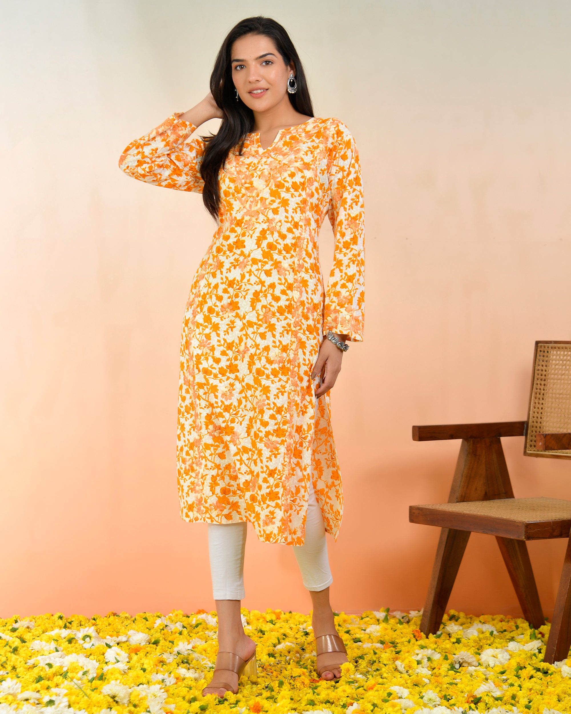 Chikankari Kurta in Mul cotton in Yellow Print