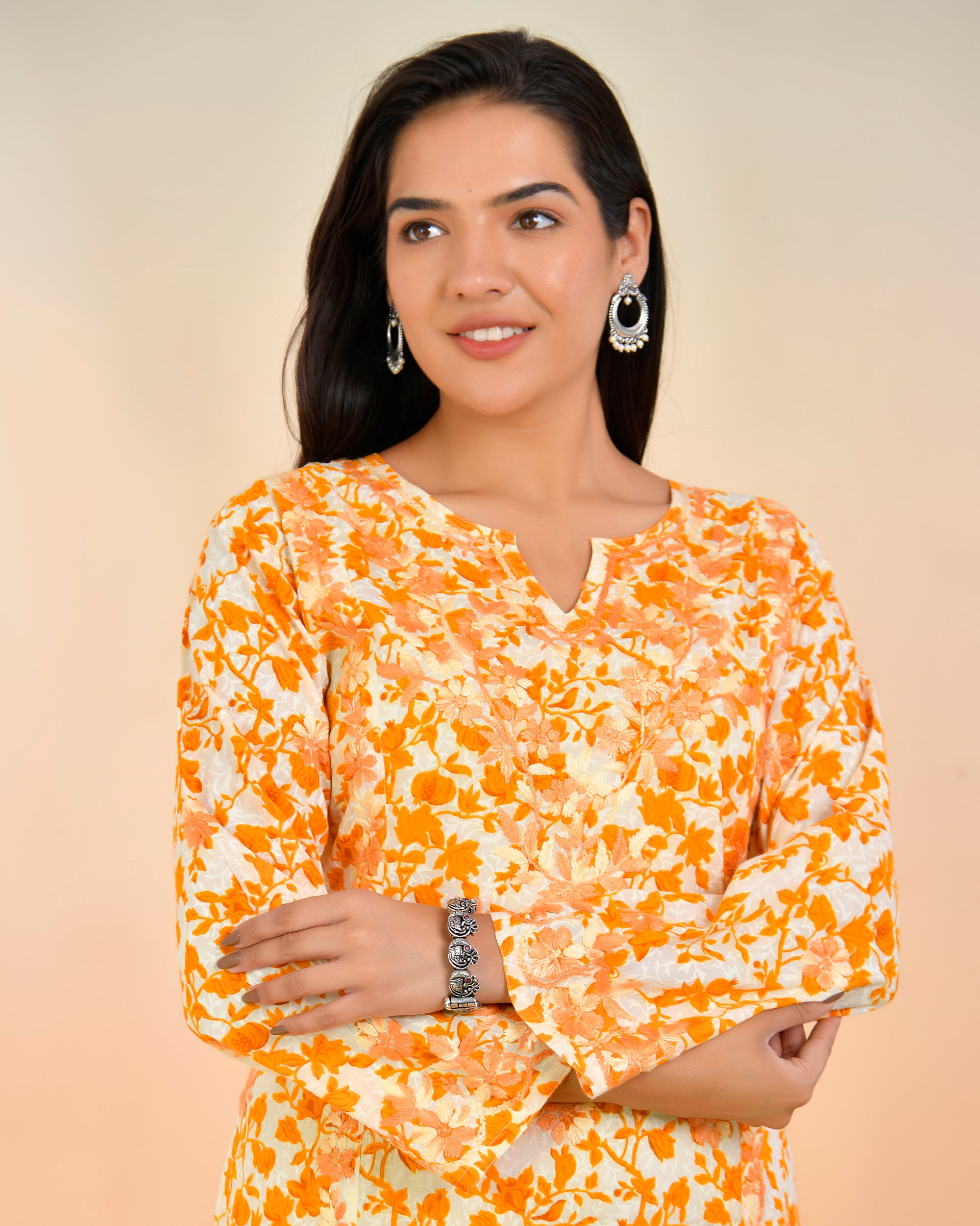 Chikankari Kurta in Mul cotton in Yellow Print