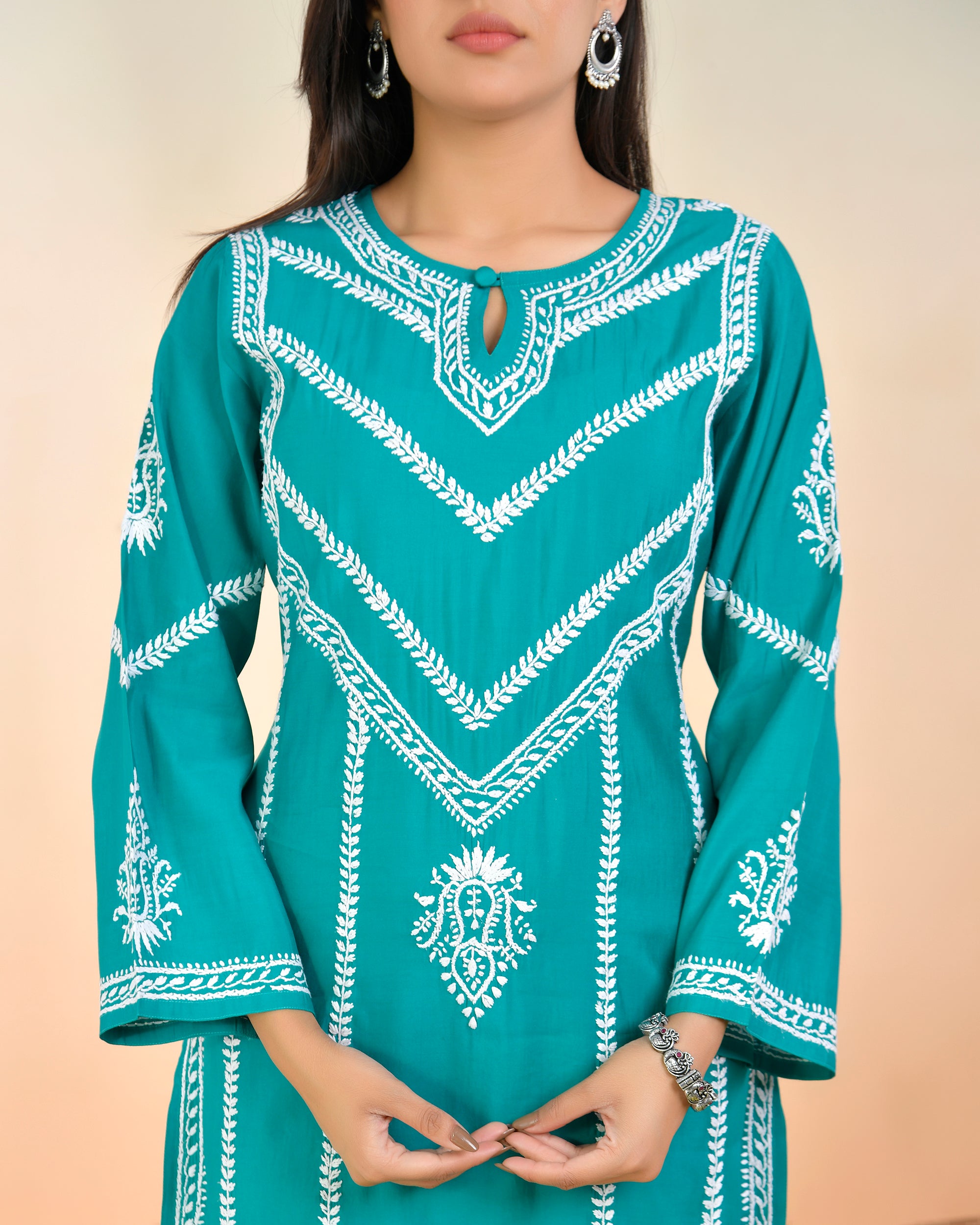 Chikankari Long Kurta In Muslin - Turkish Green