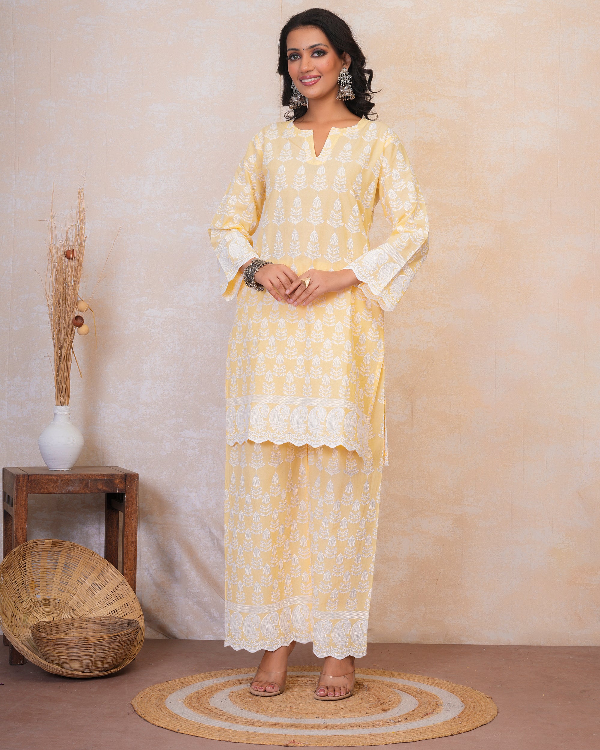 Chikankari Kurta Set in Rayon - Yellow