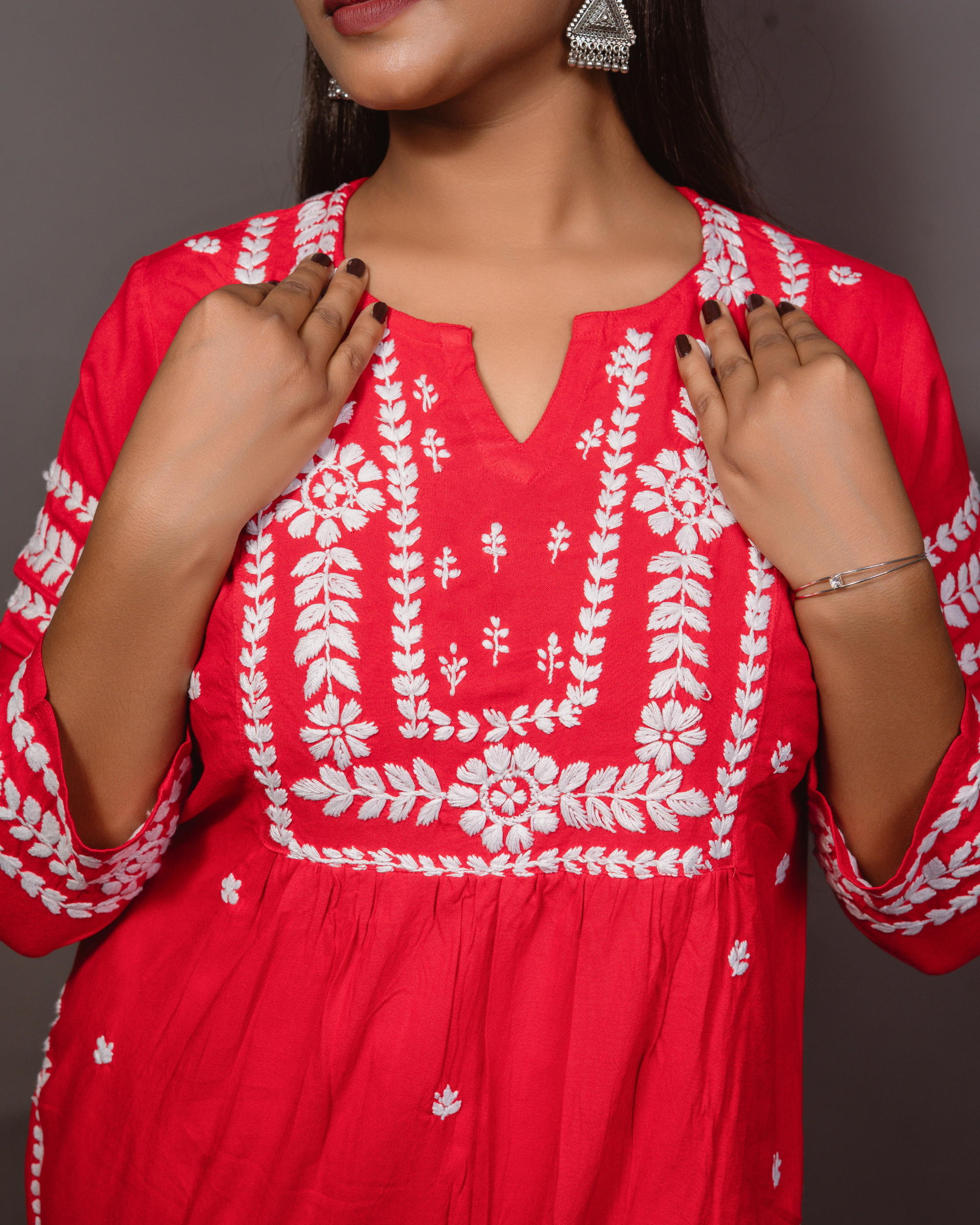 Ethnic Motifs Embroidered Thread Work Detail Pleated Staighht Kurta-Red