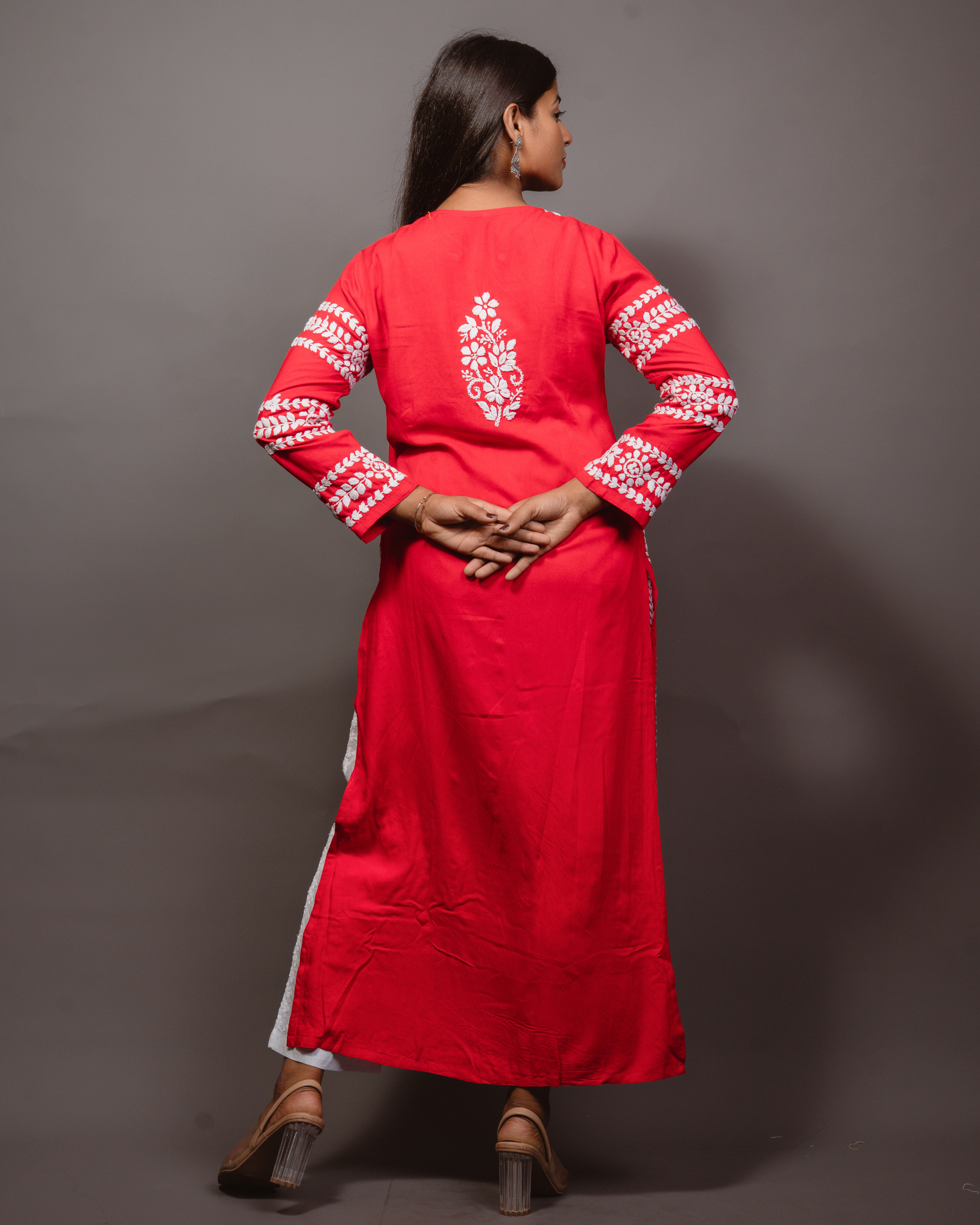 Ethnic Motifs Embroidered Thread Work Detail Pleated Staighht Kurta-Red