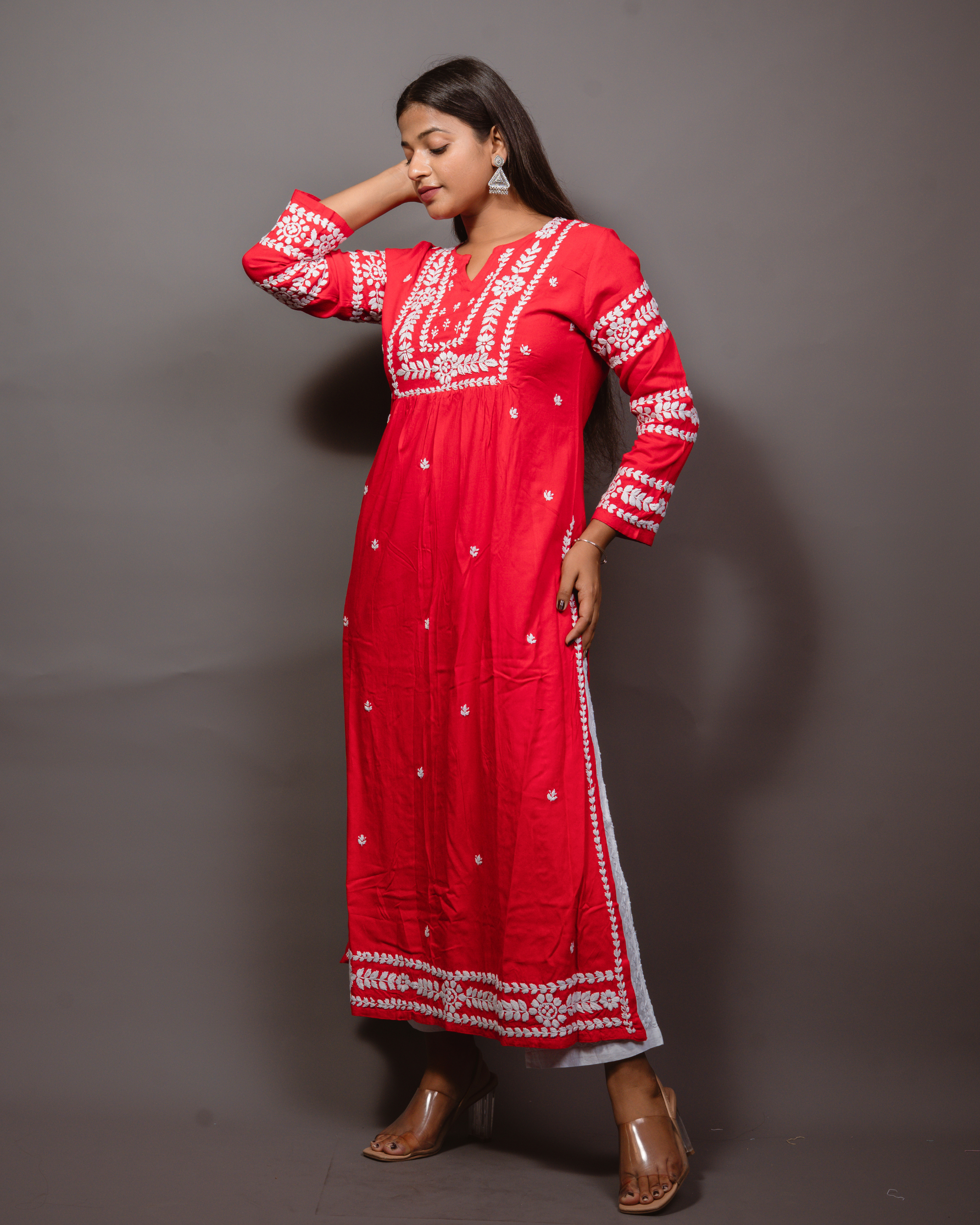 Ethnic Motifs Embroidered Thread Work Detail Pleated Staighht Kurta-Red