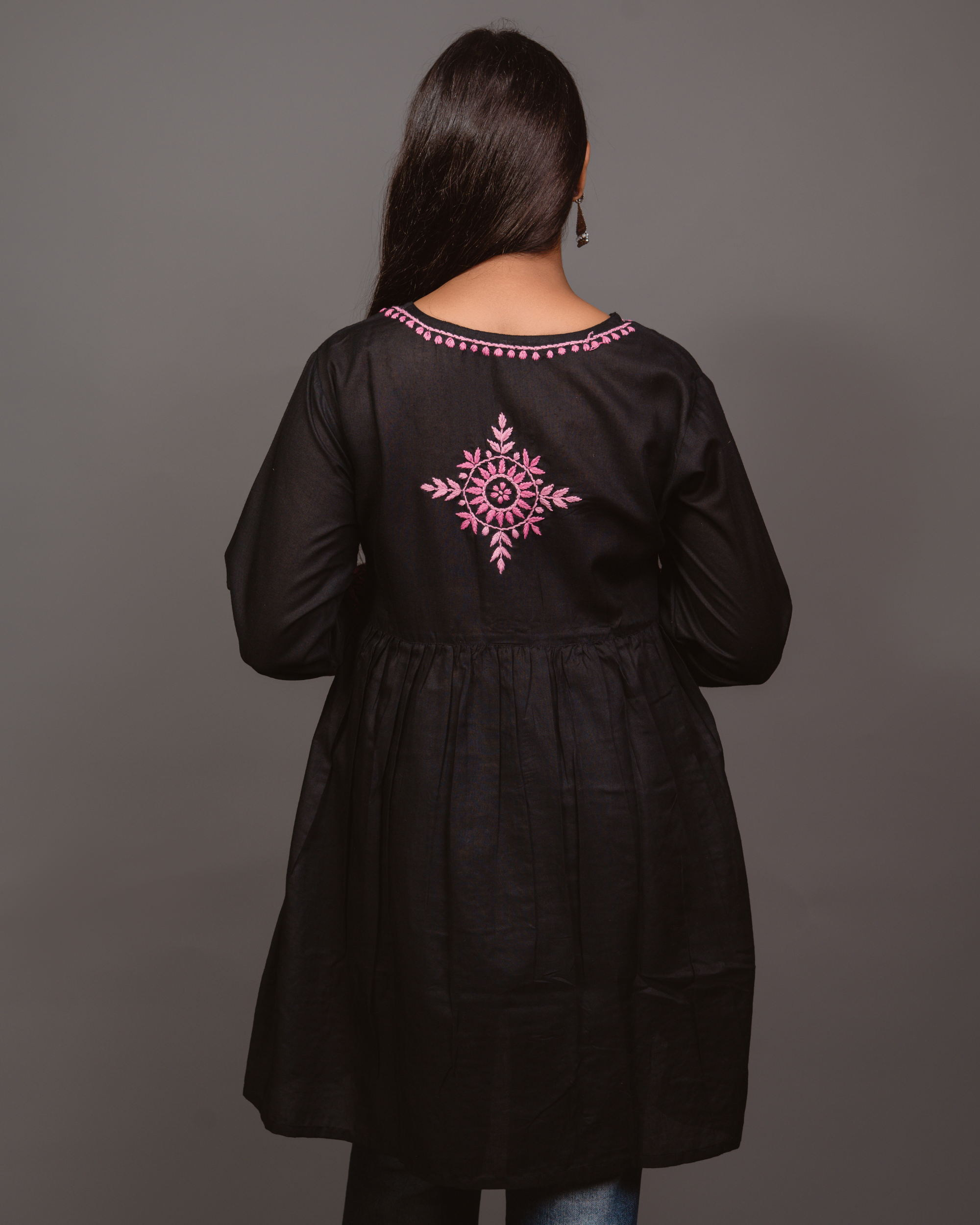 Cotton Chikankari Short Kurta in Black