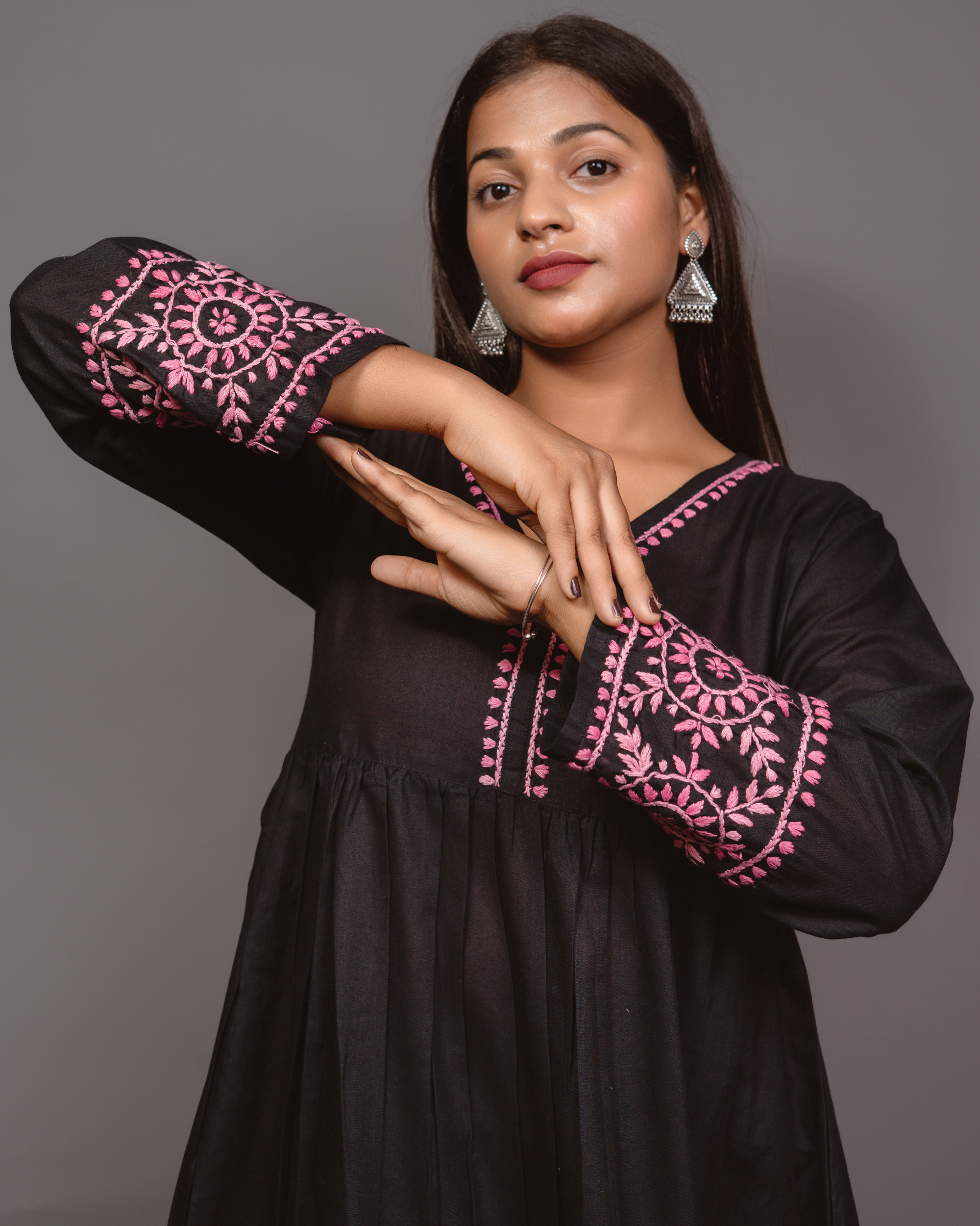 Cotton Chikankari Short Kurta in Black