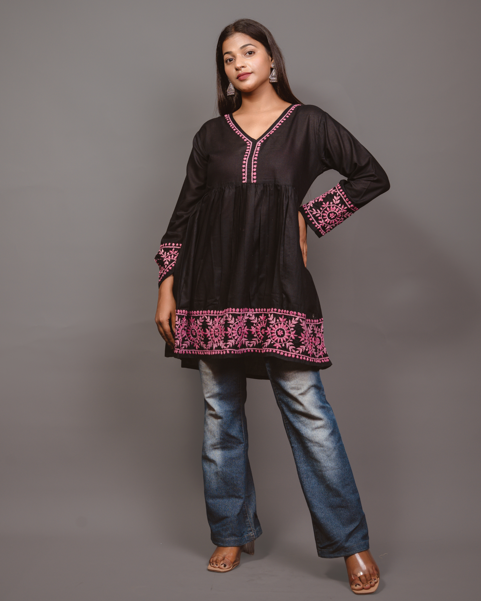 Cotton Chikankari Short Kurta in Black