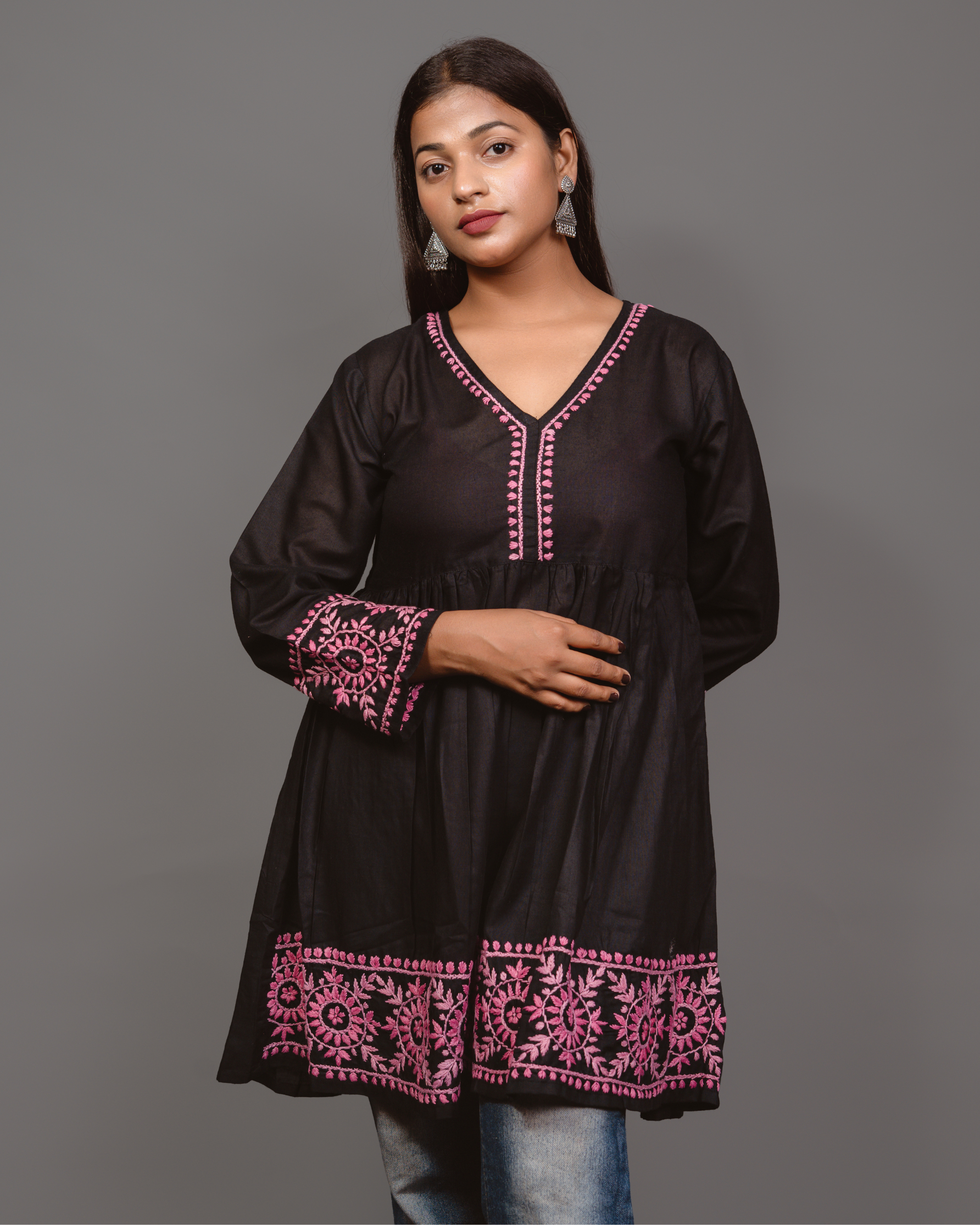 Cotton Chikankari Short Kurta in Black