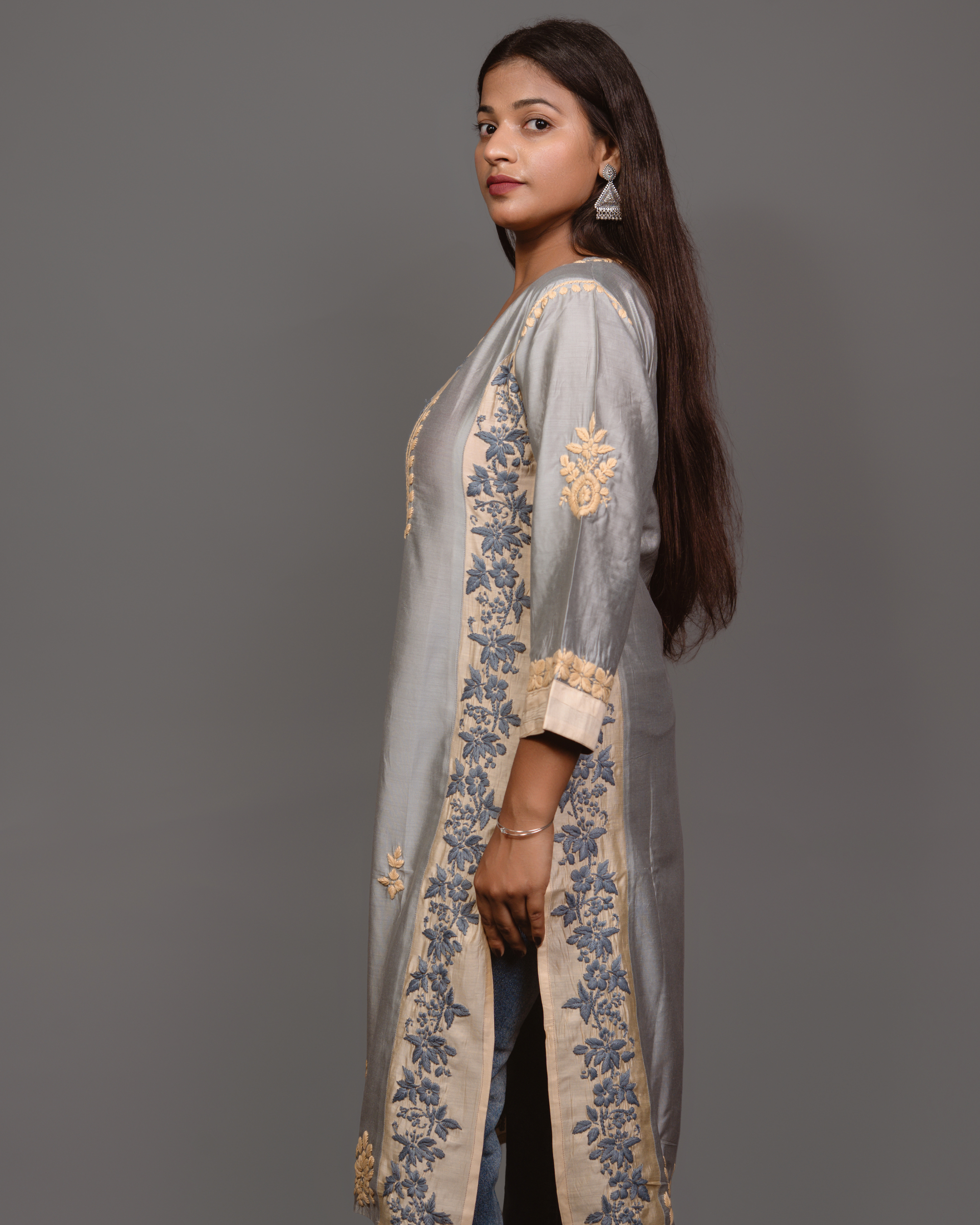 Chikankari kurta in Chanderi Silk - Grey With Baige