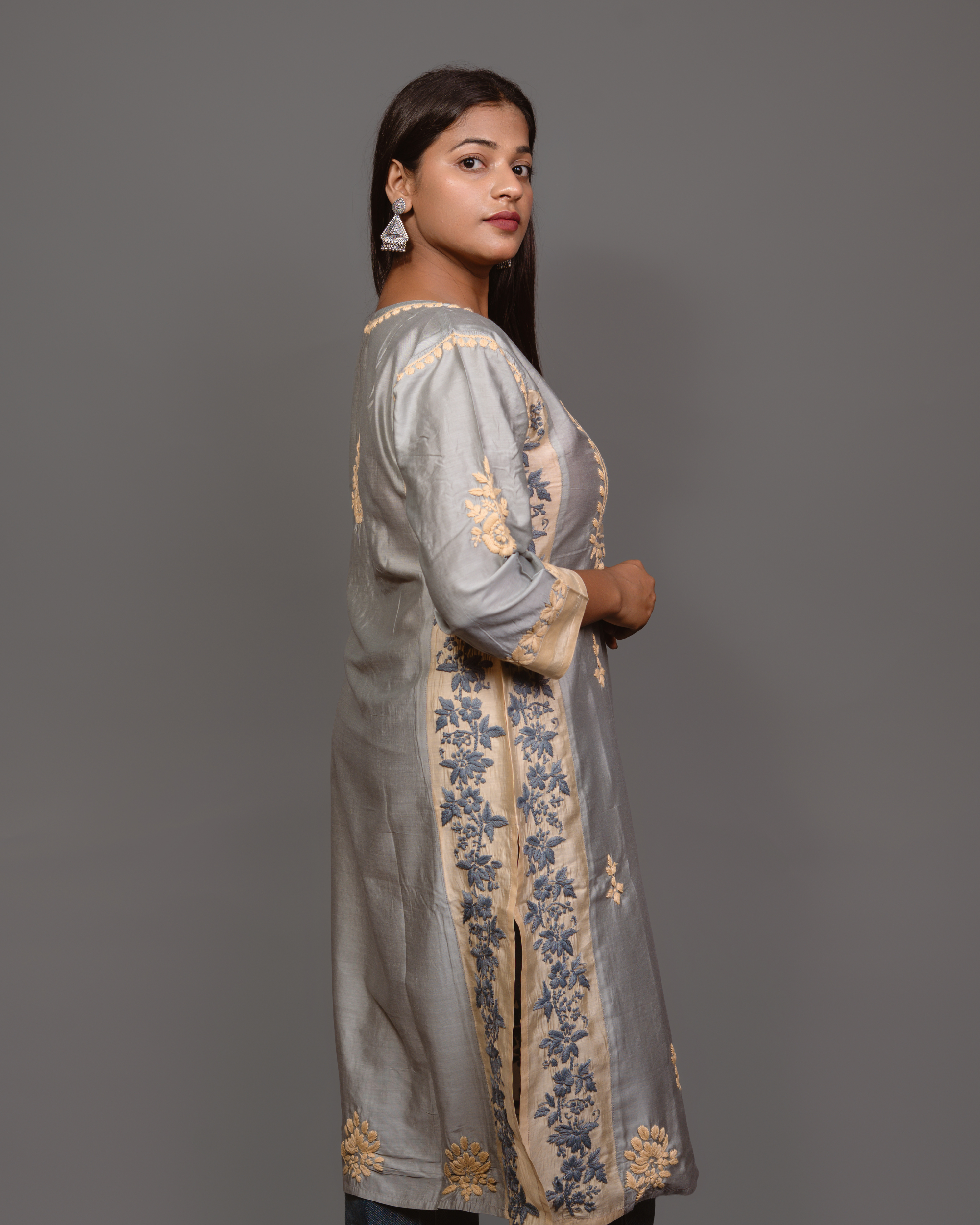 Chikankari kurta in Chanderi Silk - Grey With Baige