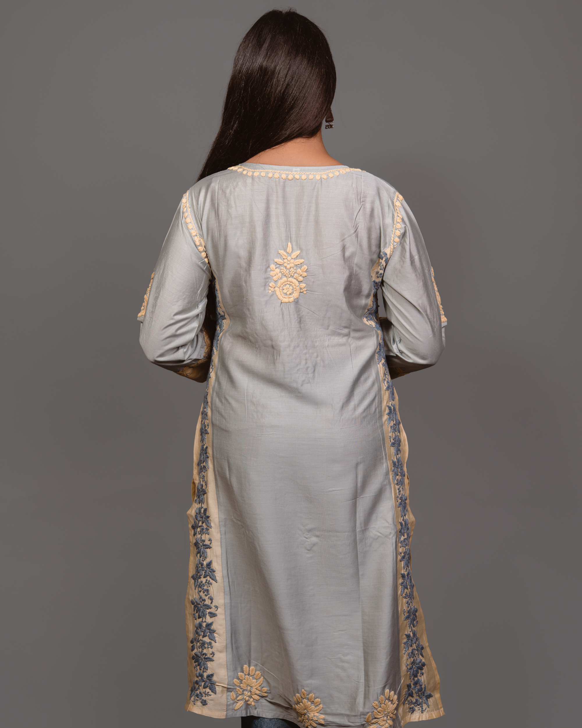 Chikankari kurta in Chanderi Silk - Grey With Baige