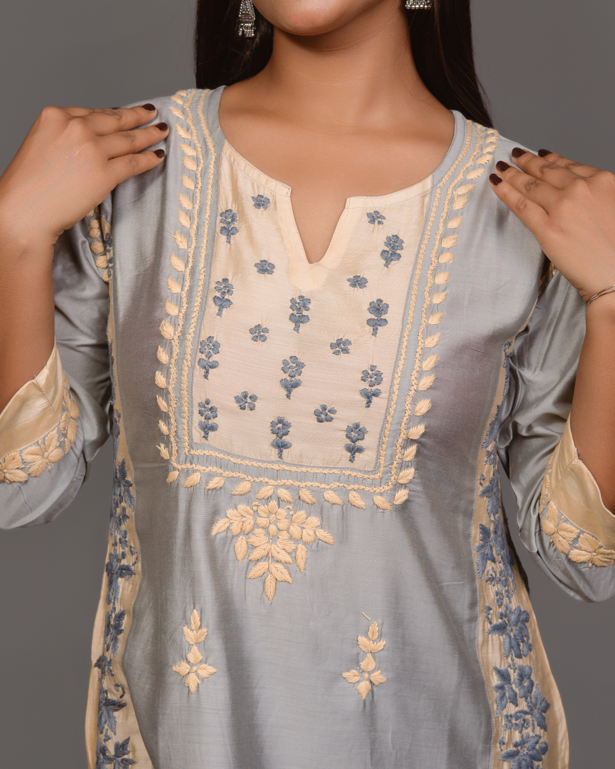 Chikankari kurta in Chanderi Silk - Grey With Baige