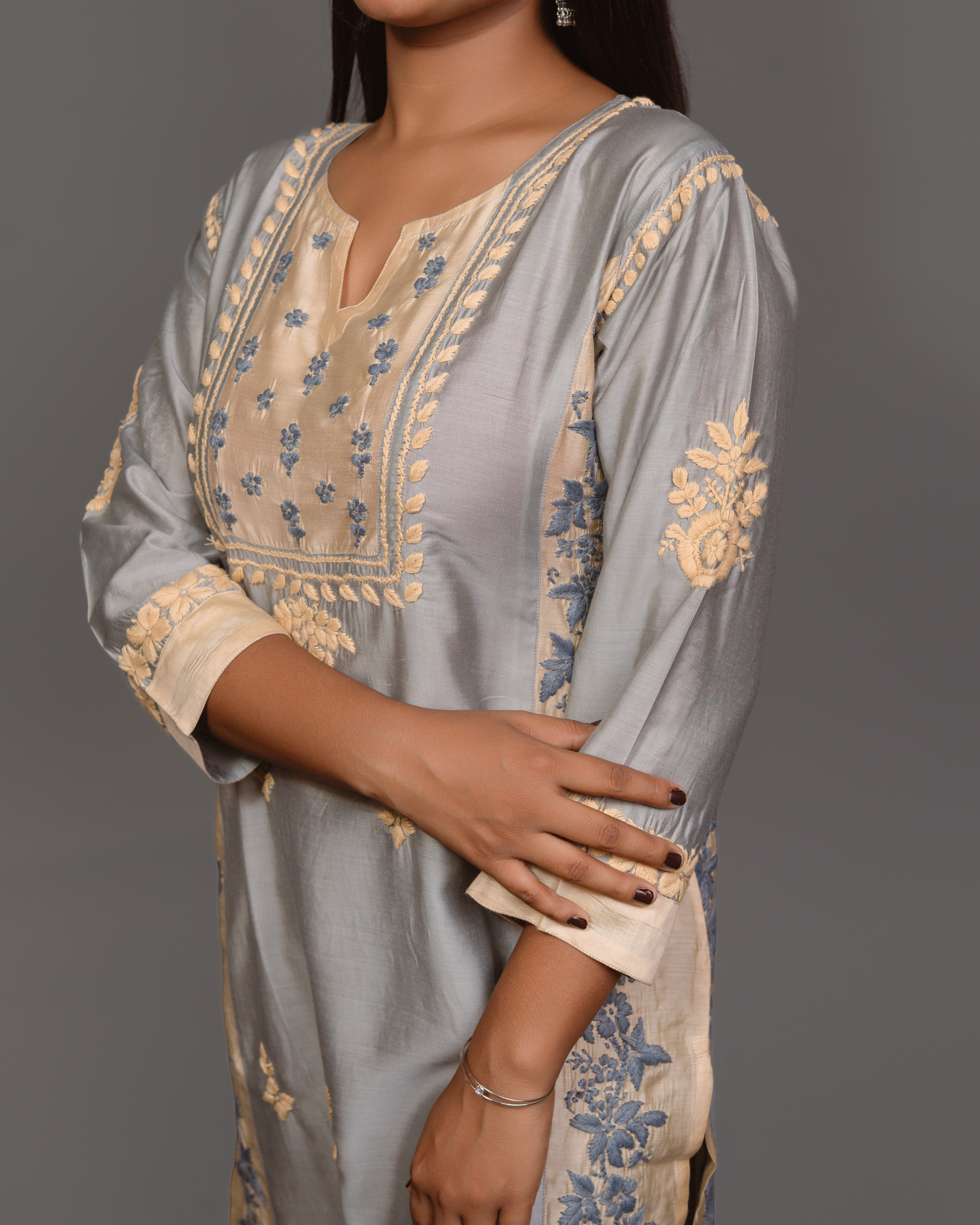 Chikankari kurta in Chanderi Silk - Grey With Baige