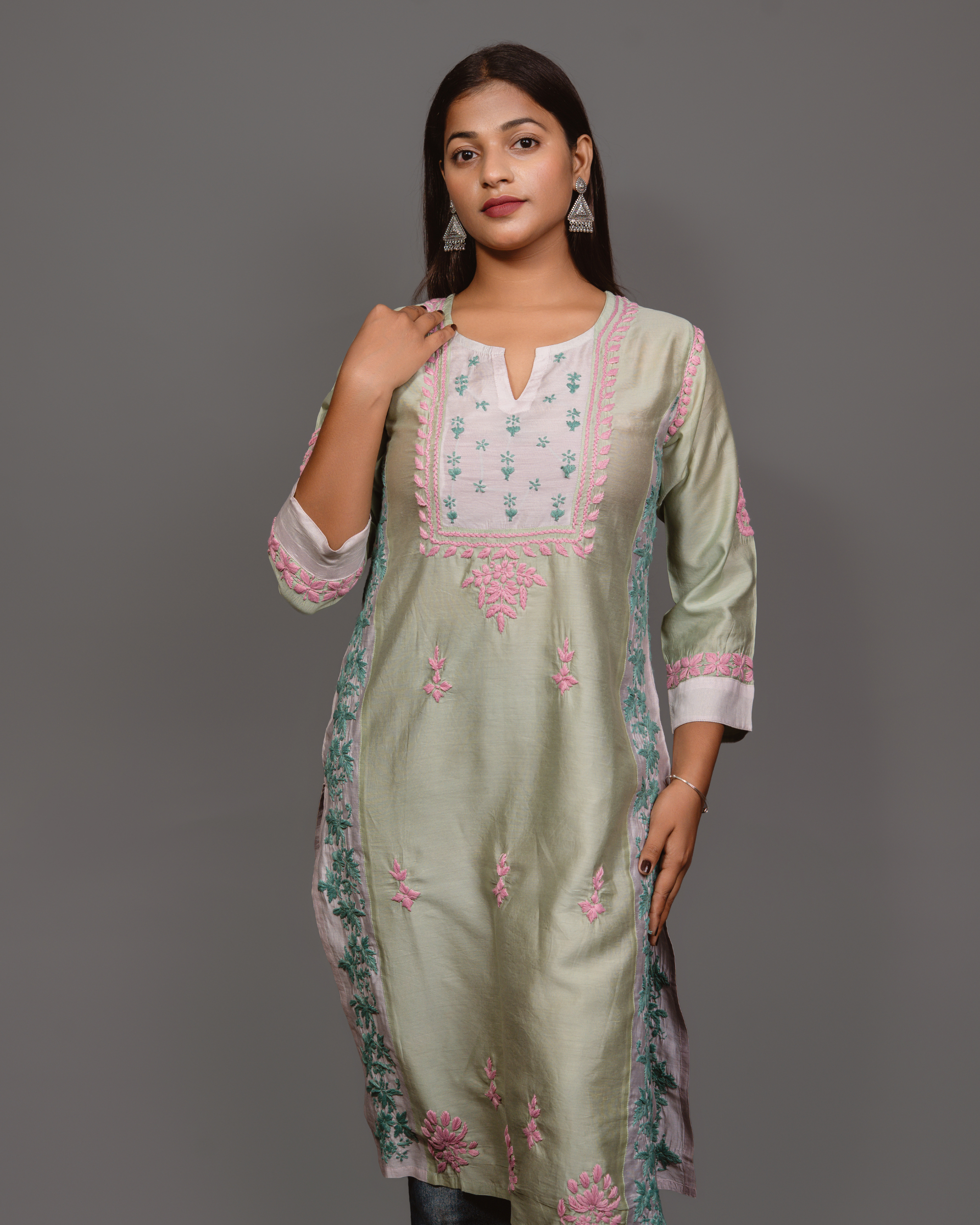Chikankari kurta in Chanderi Silk - Lite Green With Pink