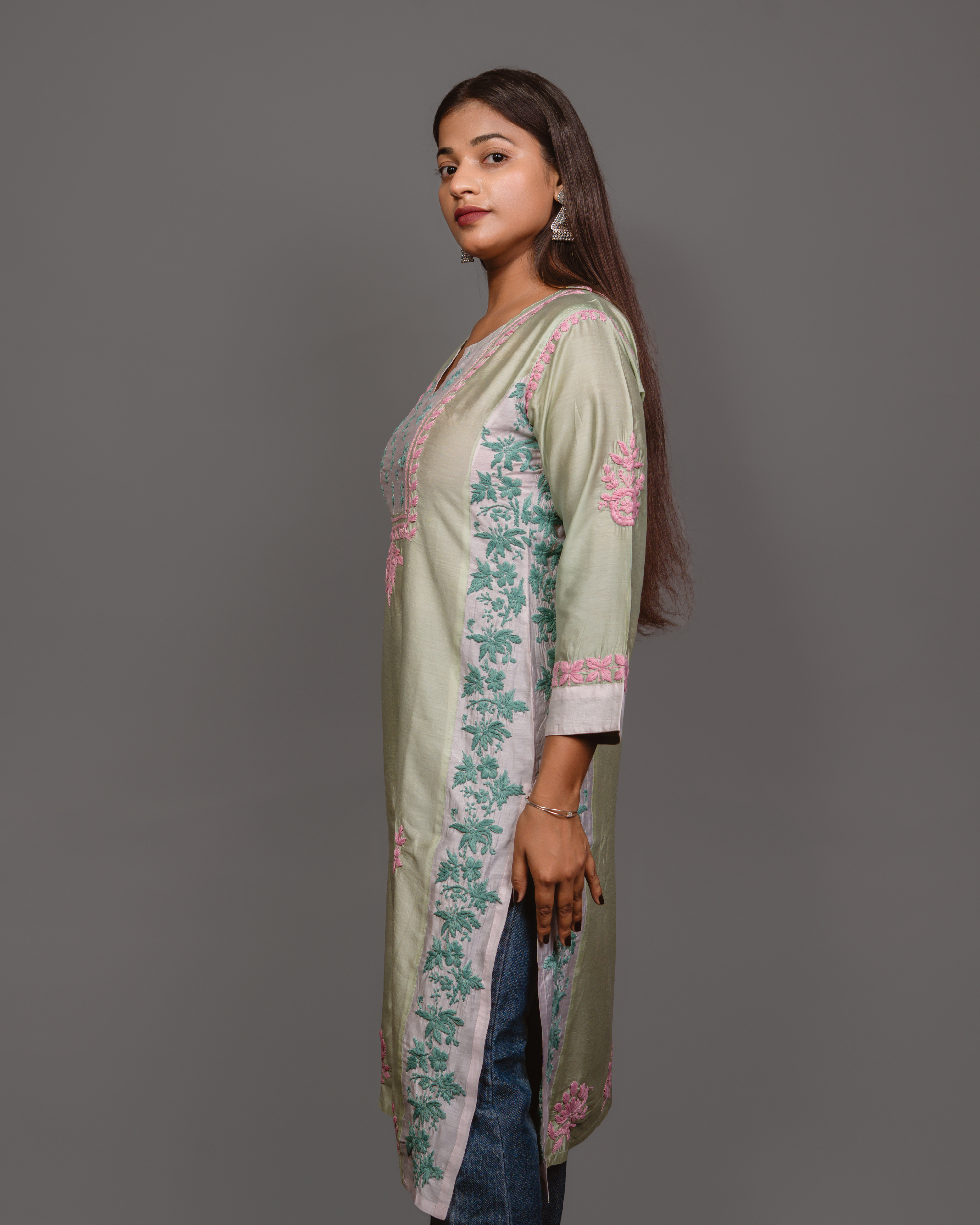 Chikankari kurta in Chanderi Silk - Lite Green With Pink