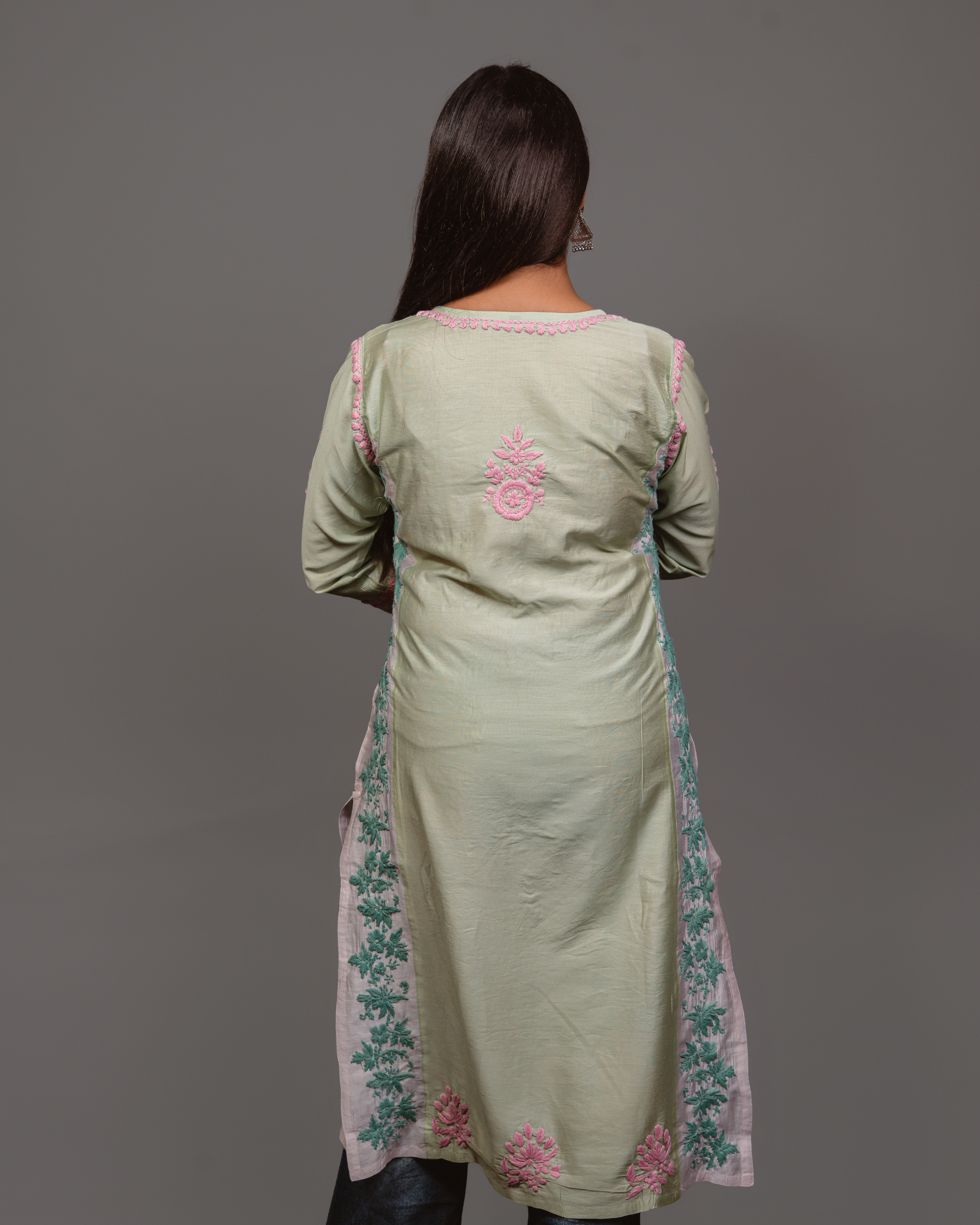 Chikankari kurta in Chanderi Silk - Lite Green With Pink