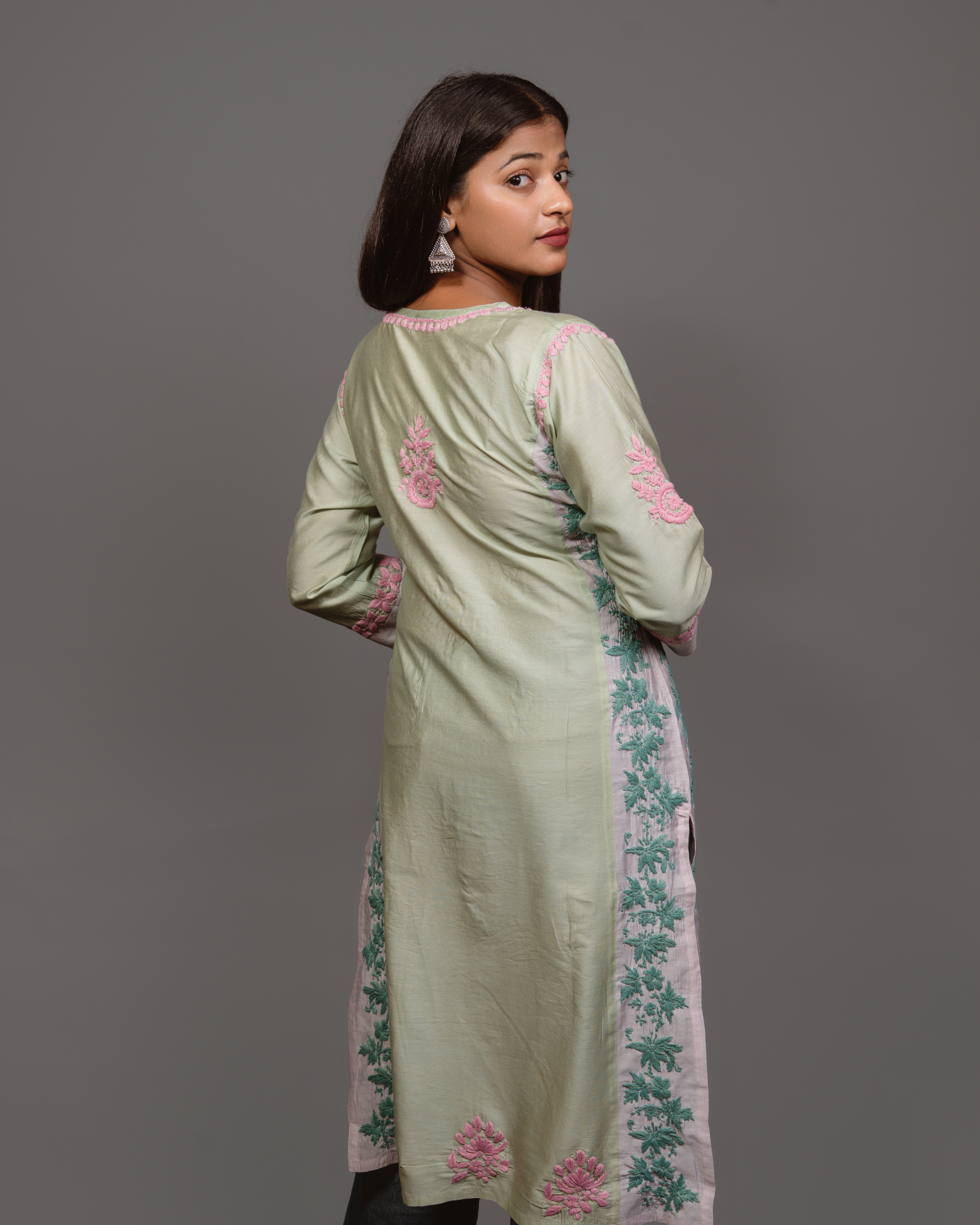 Chikankari kurta in Chanderi Silk - Lite Green With Pink