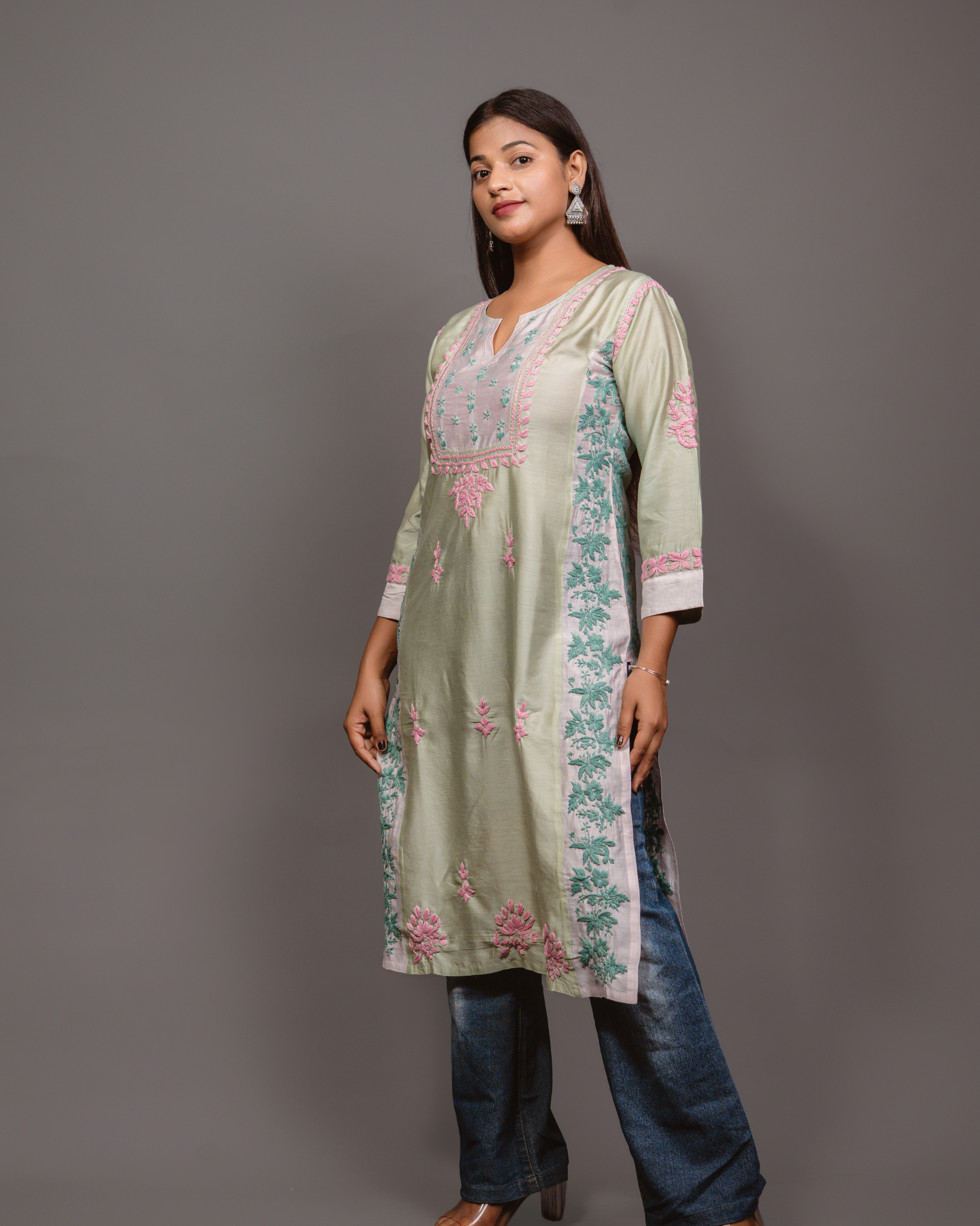 Chikankari kurta in Chanderi Silk - Lite Green With Pink