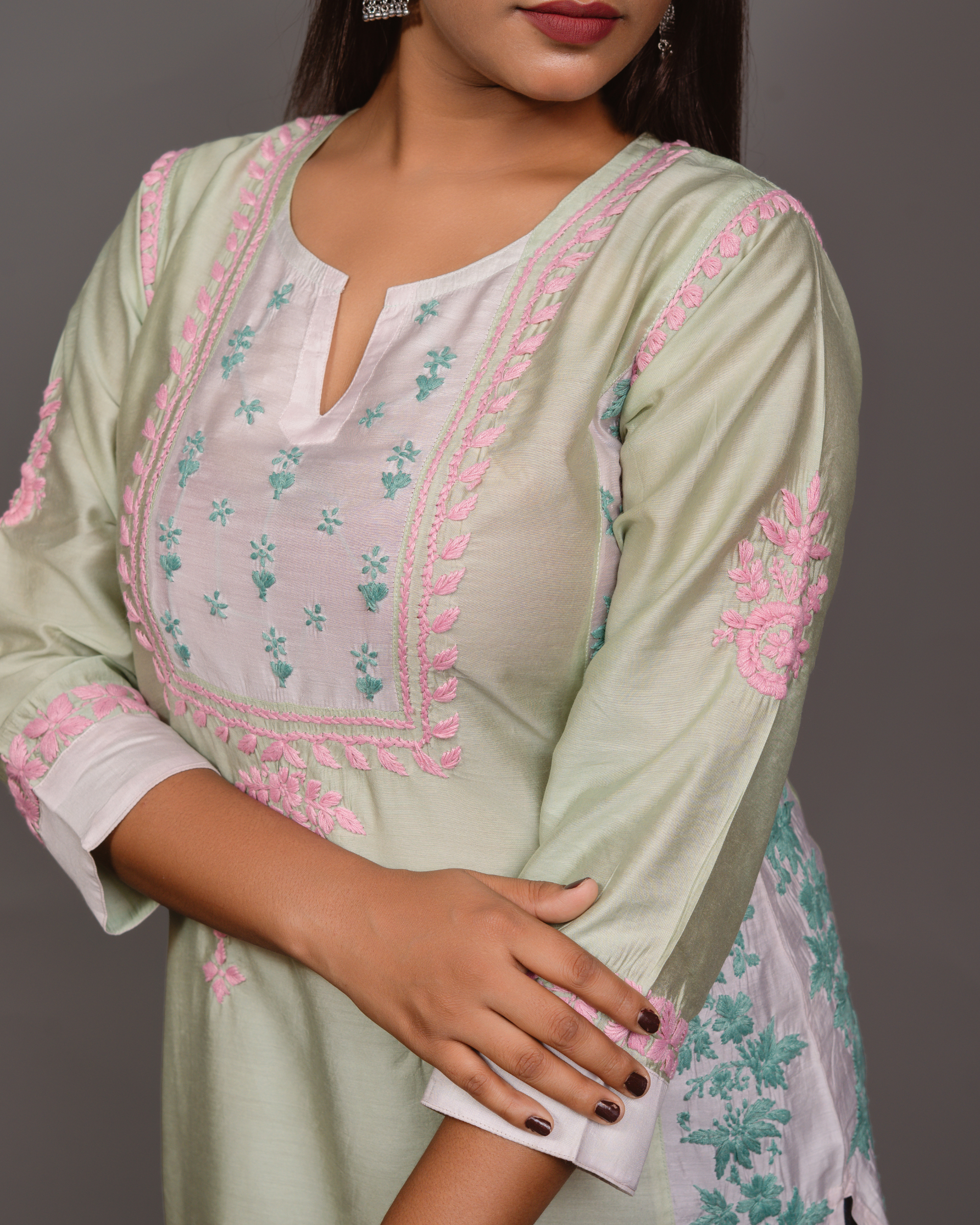 Chikankari kurta in Chanderi Silk - Lite Green With Pink