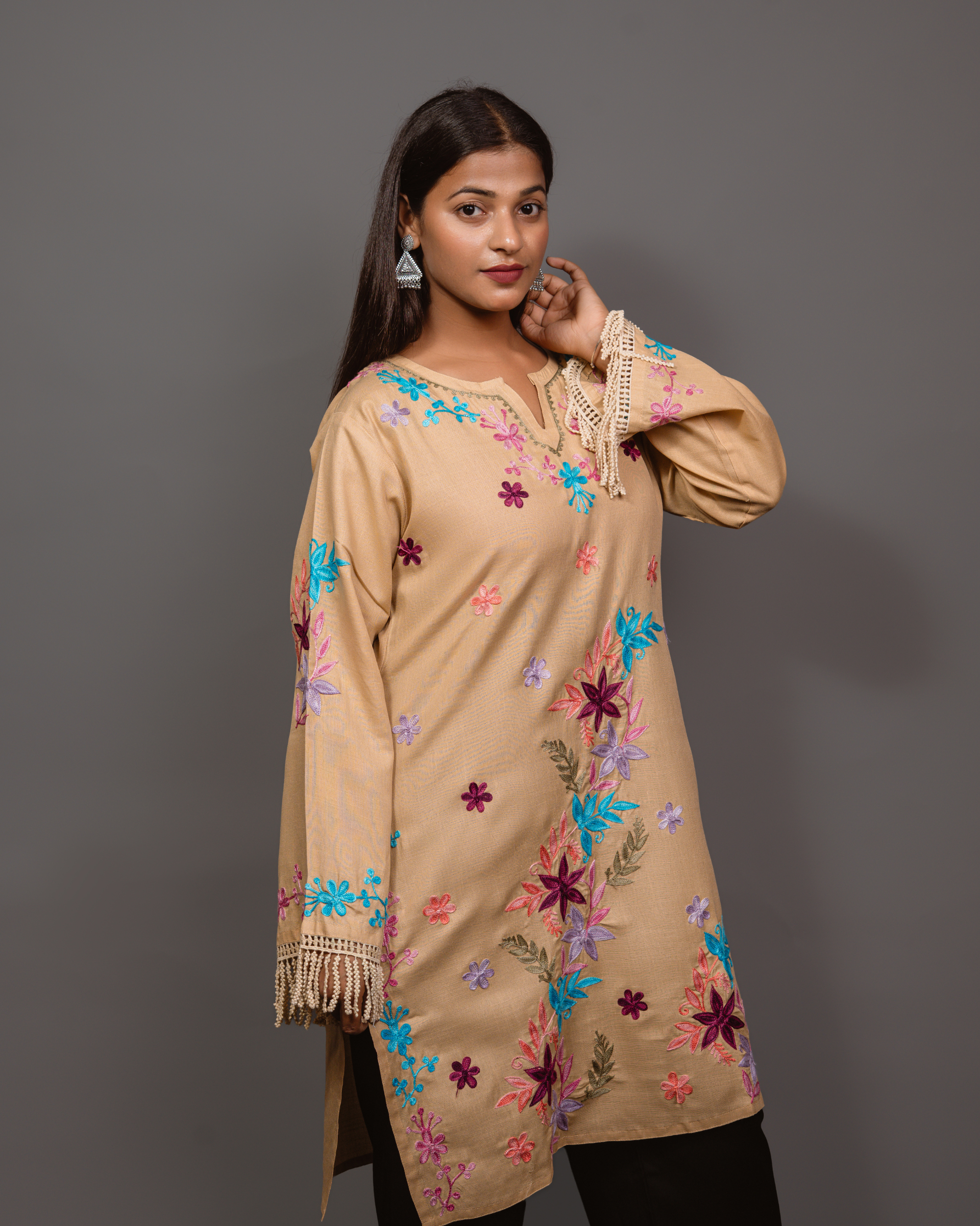 Kashmiri Long Kurta - Beige