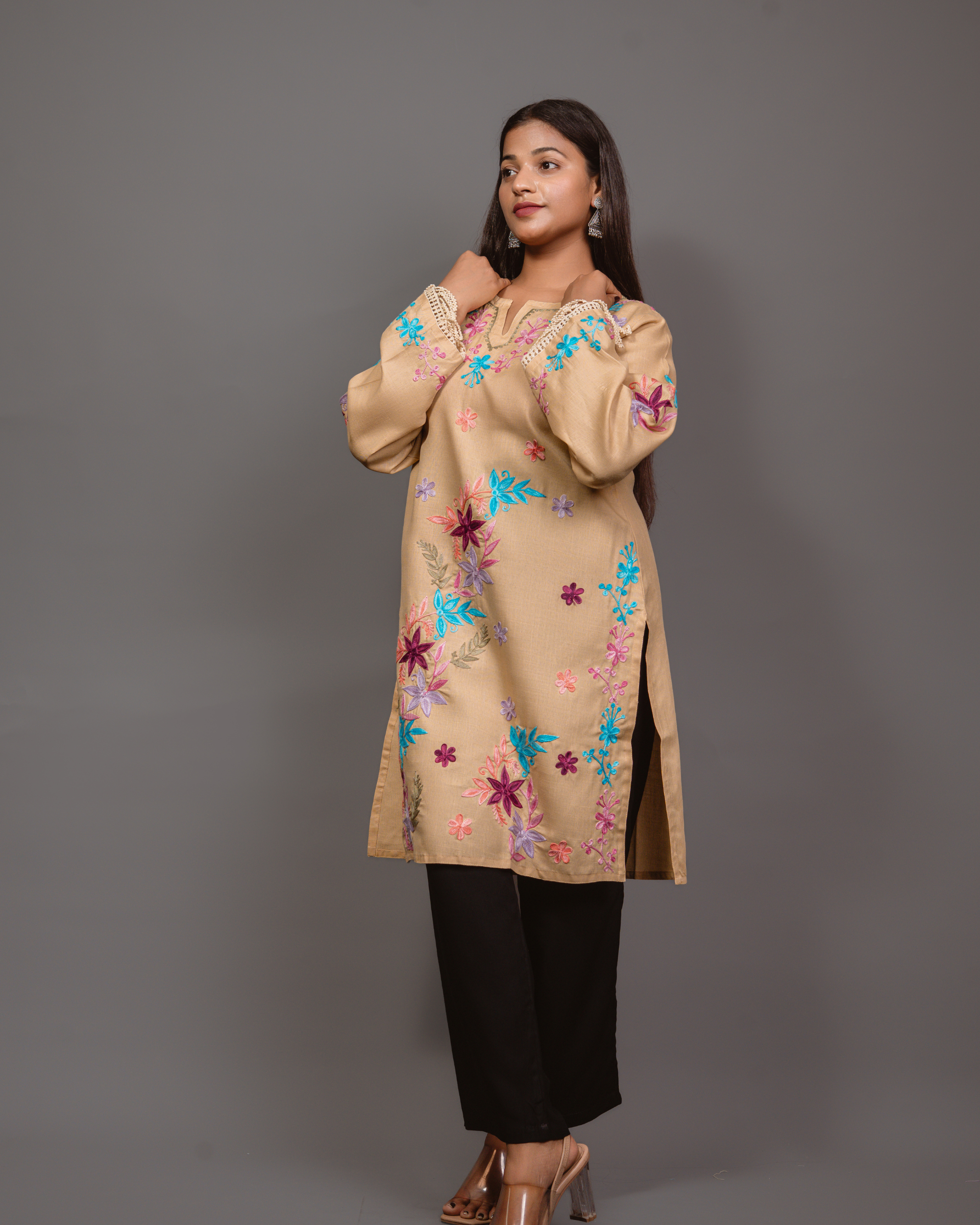Kashmiri Long Kurta - Beige