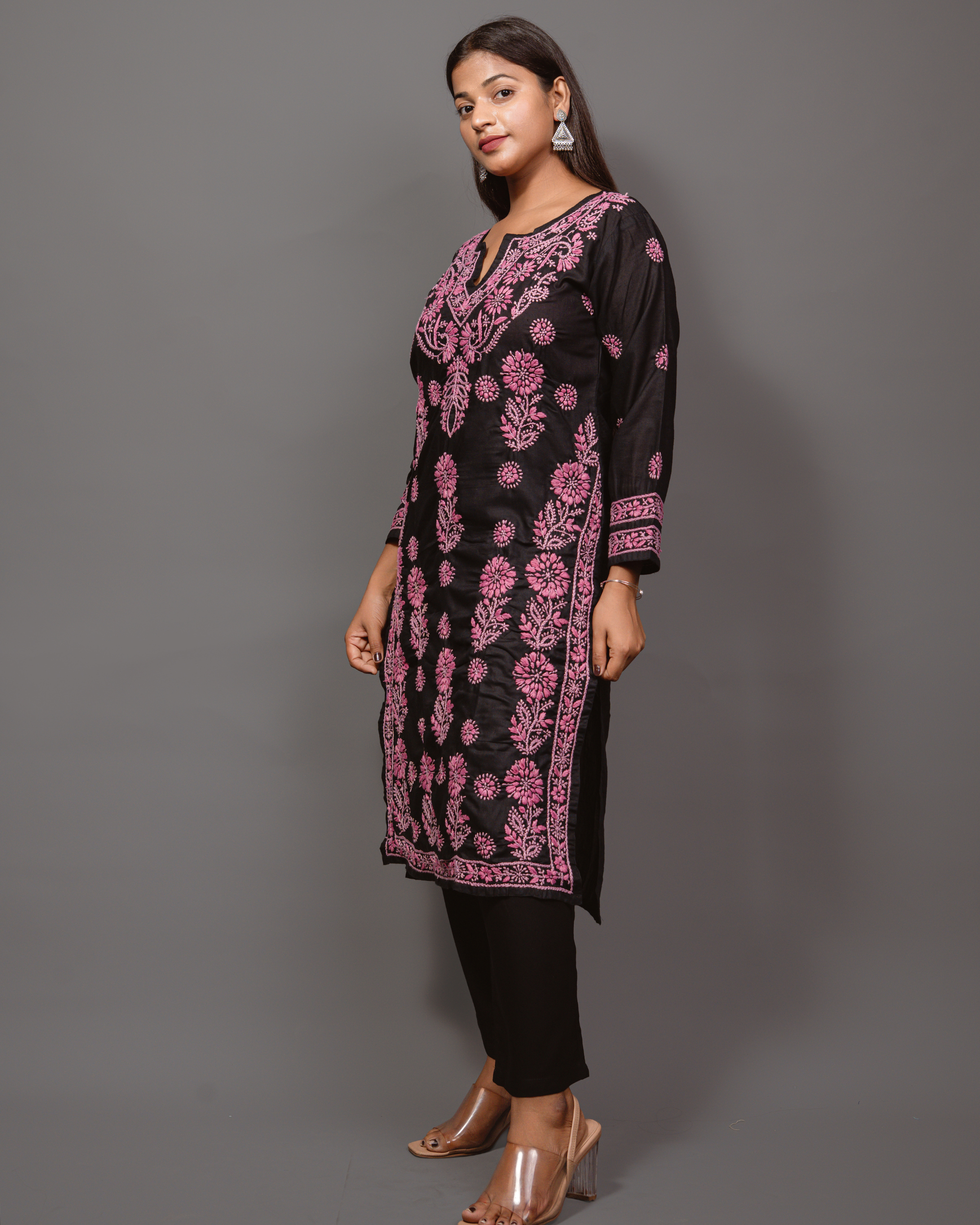 Cotton Chikankari Long Kurta in Black to Pink Embroidery