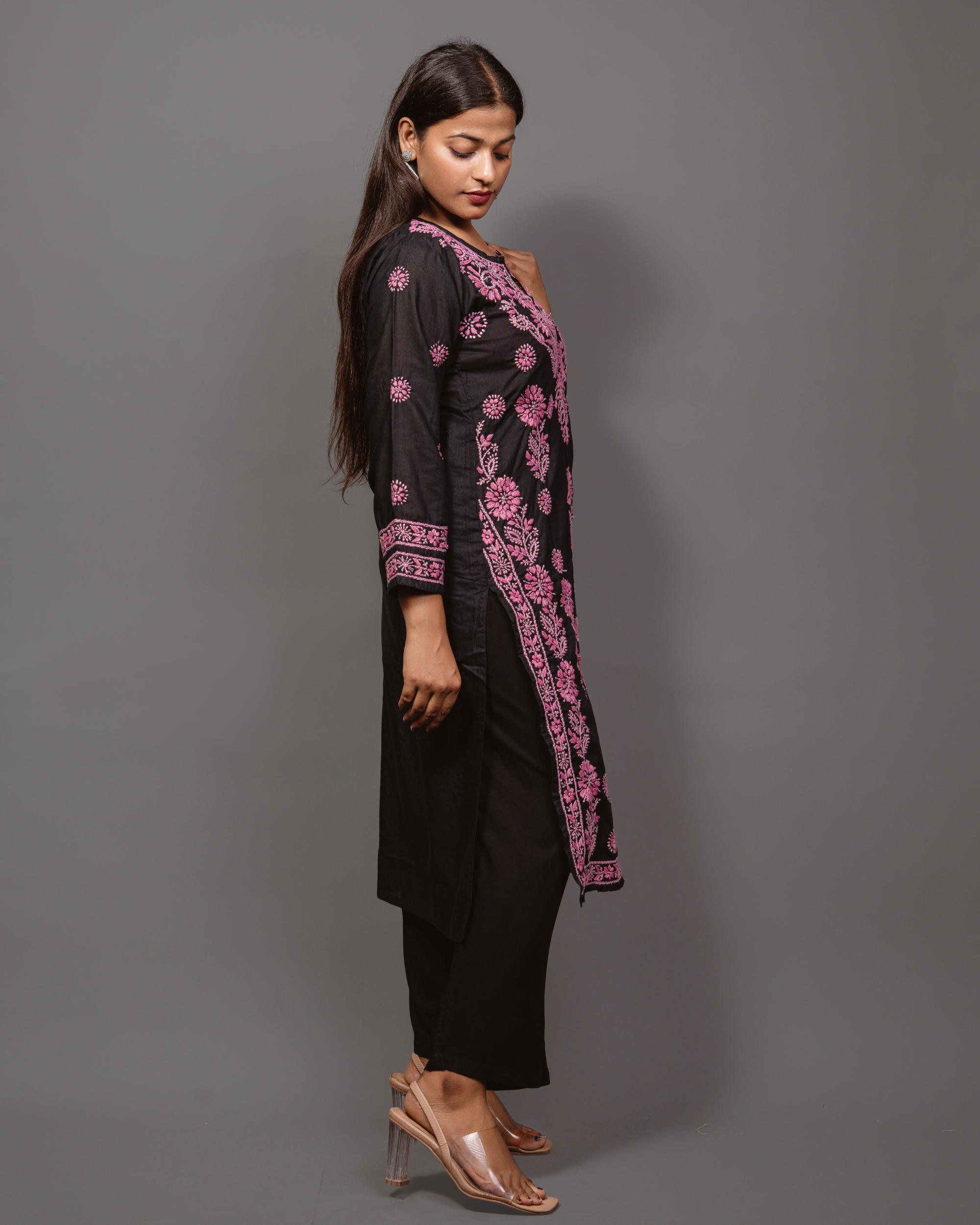 Cotton Chikankari Long Kurta in Black to Pink Embroidery