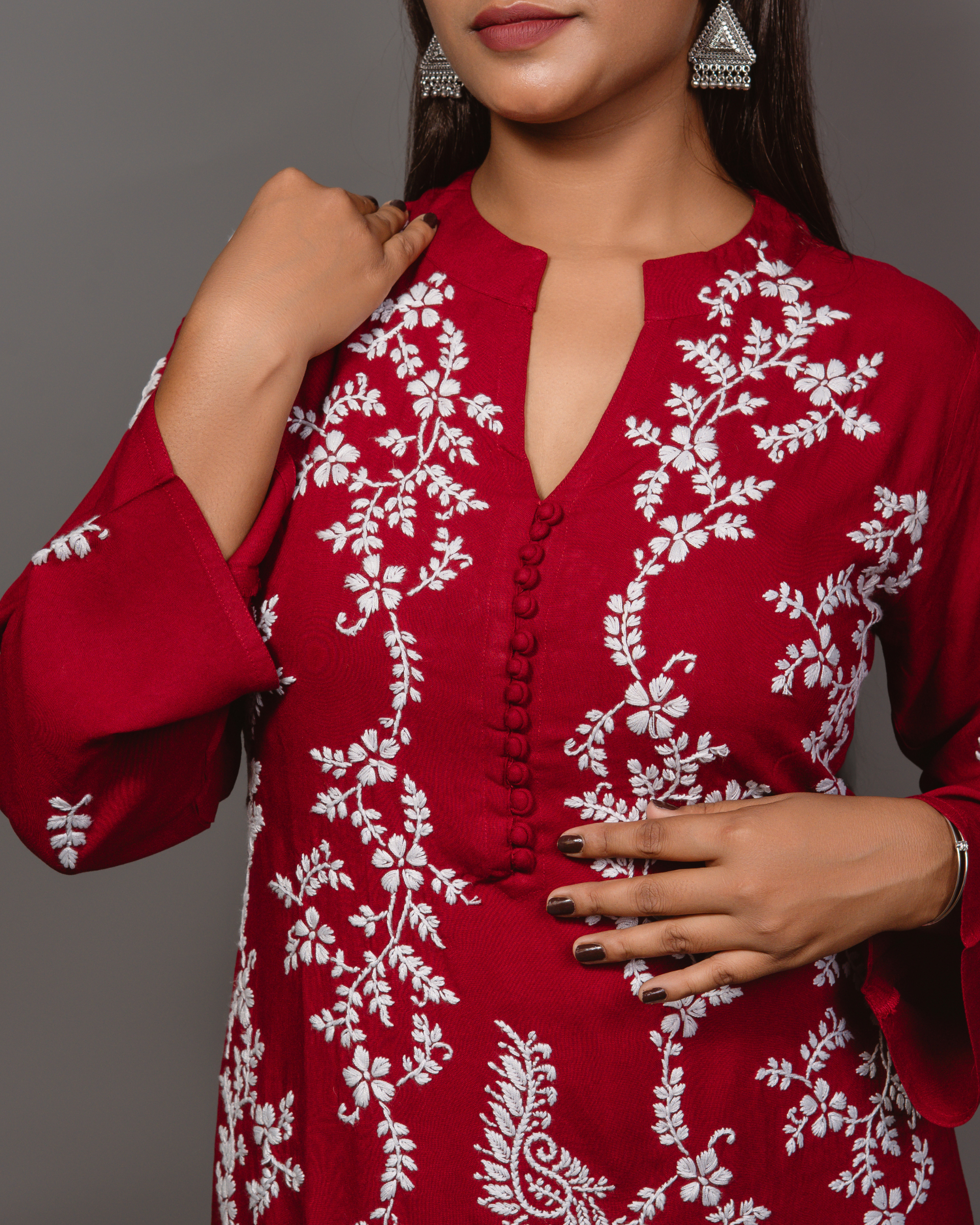 Chikankari Long Kurta In Rayon Cotton - Burgunday