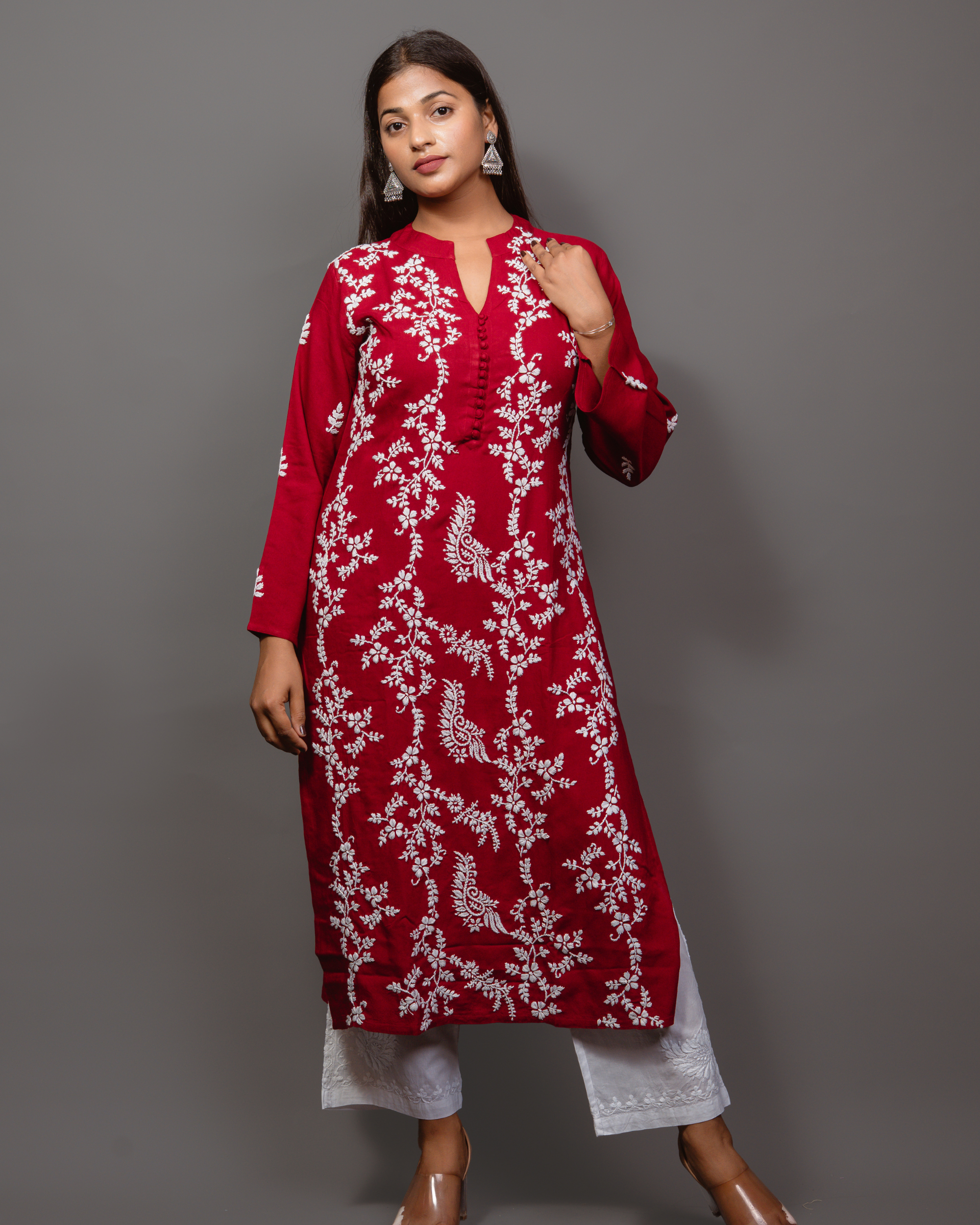 Chikankari Long Kurta In Rayon Cotton - Burgunday