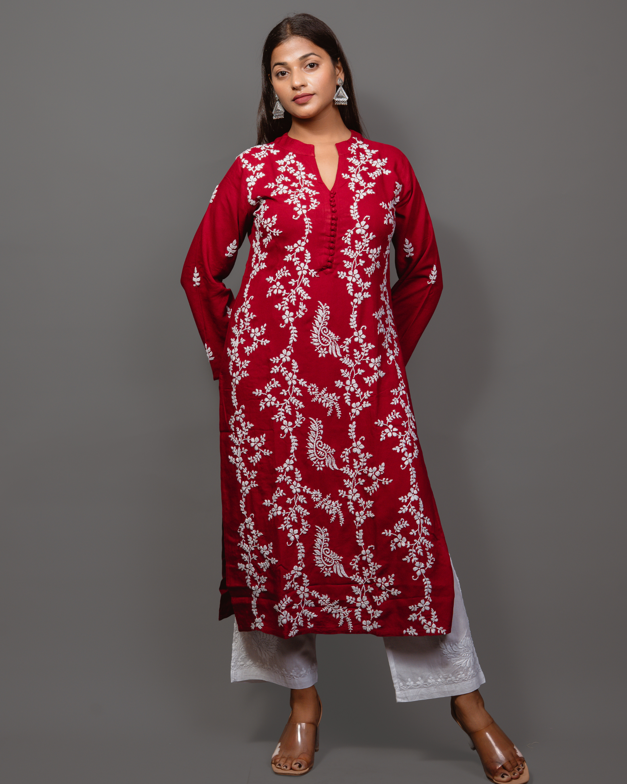 Chikankari Long Kurta In Rayon Cotton - Burgunday