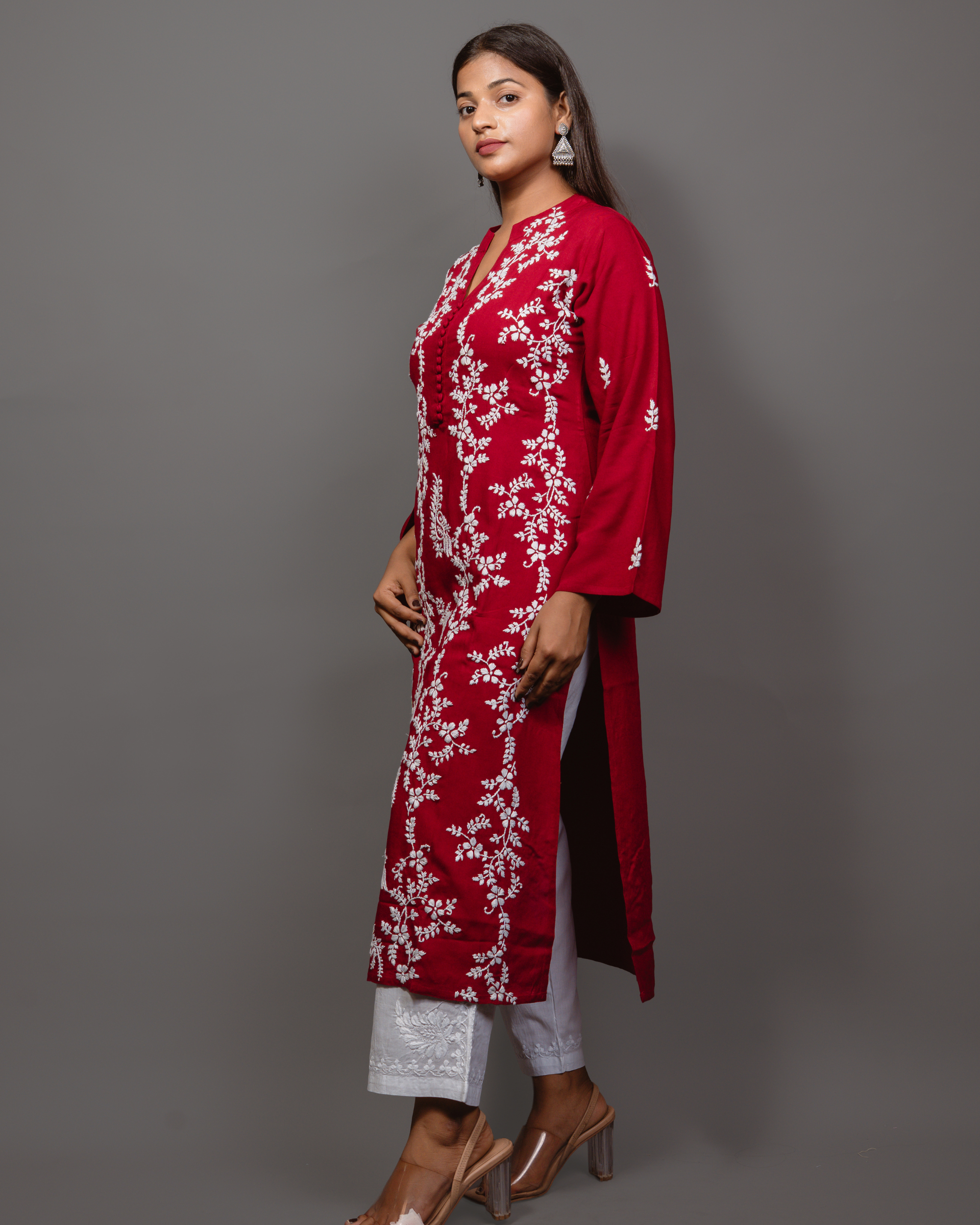 Chikankari Long Kurta In Rayon Cotton - Burgunday