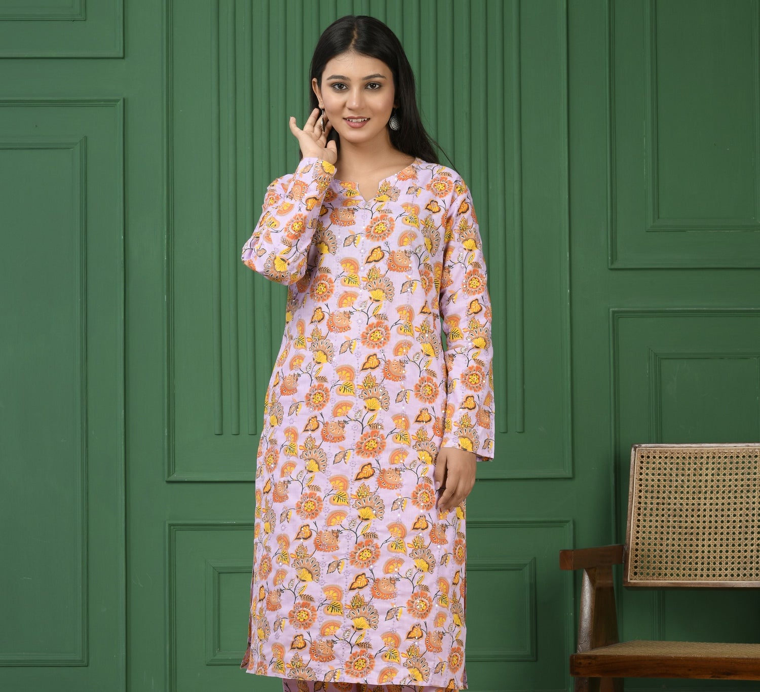 Pure cotton floral print kurti - Purple