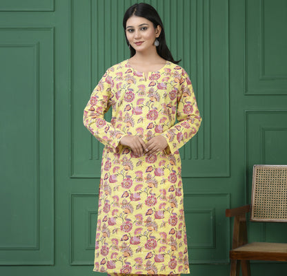 Pure cotton floral print kurti - Dark Yellow