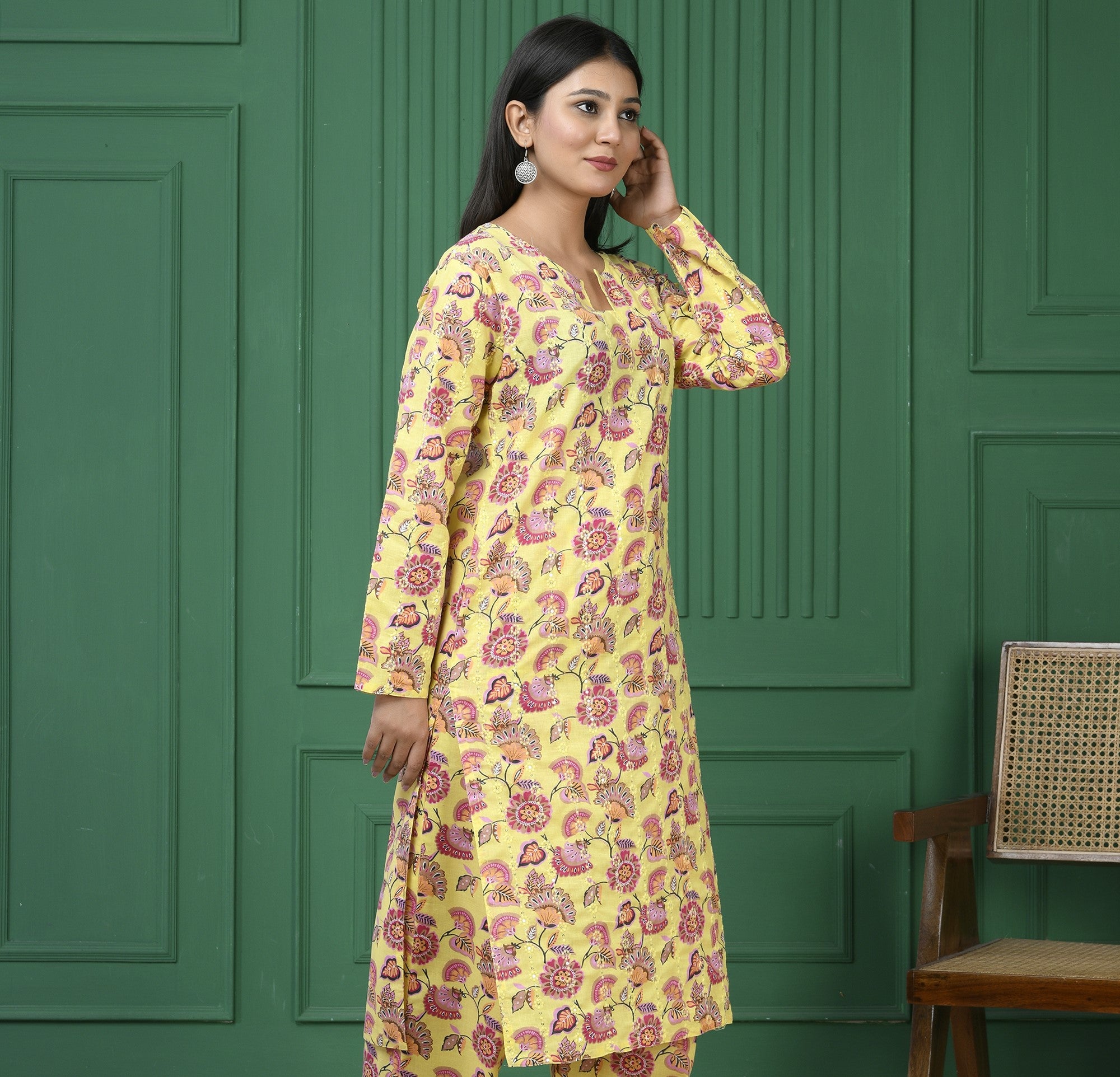 Pure cotton floral print kurti - Dark Yellow