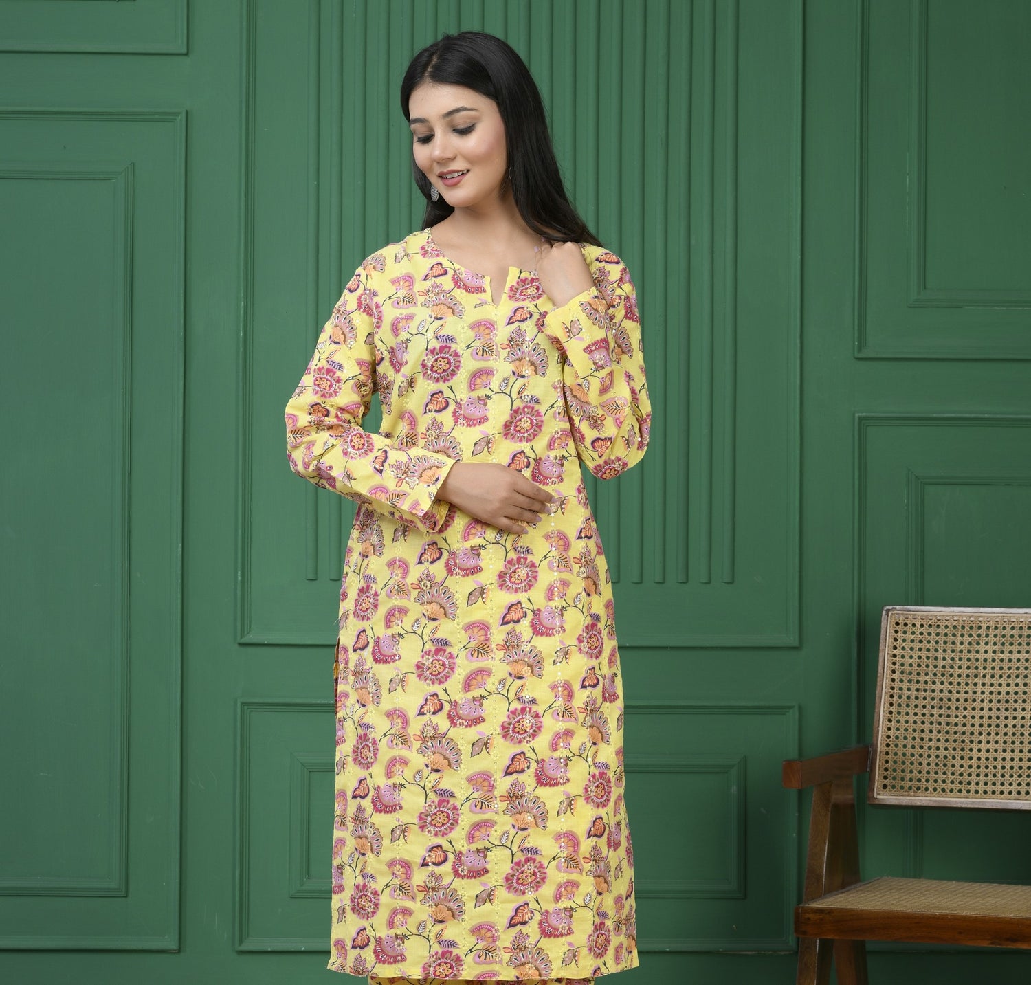 Pure cotton floral print kurti - Dark Yellow