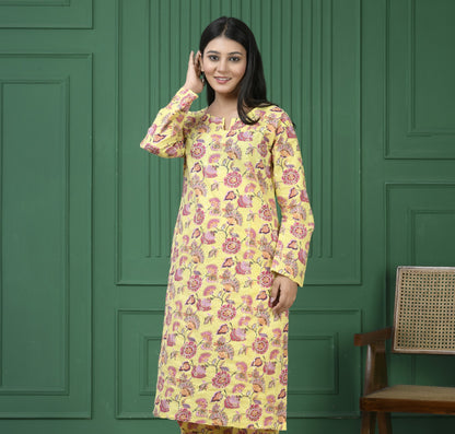 Pure cotton floral print kurti - Dark Yellow