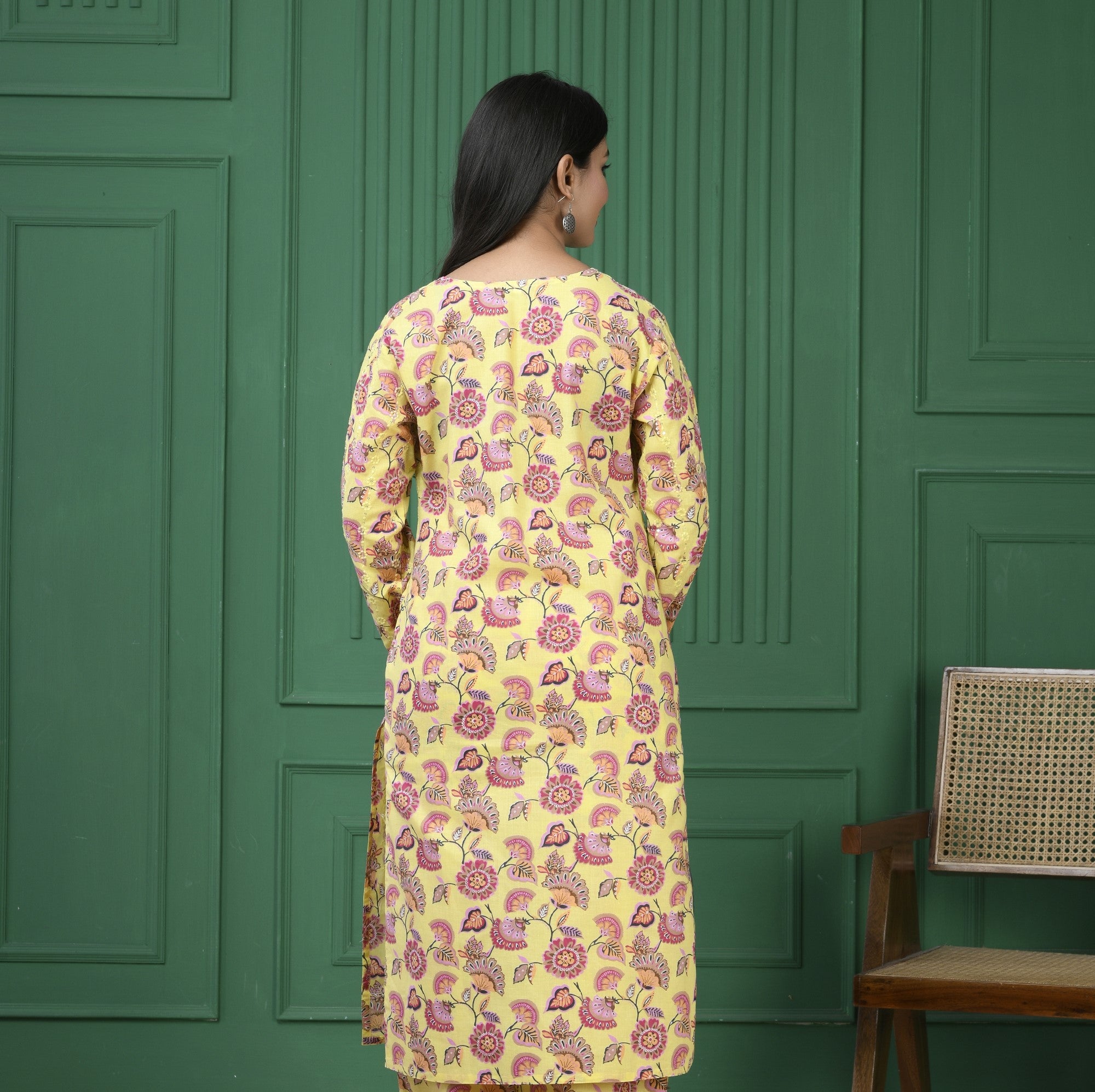 Pure cotton floral print kurti - Dark Yellow