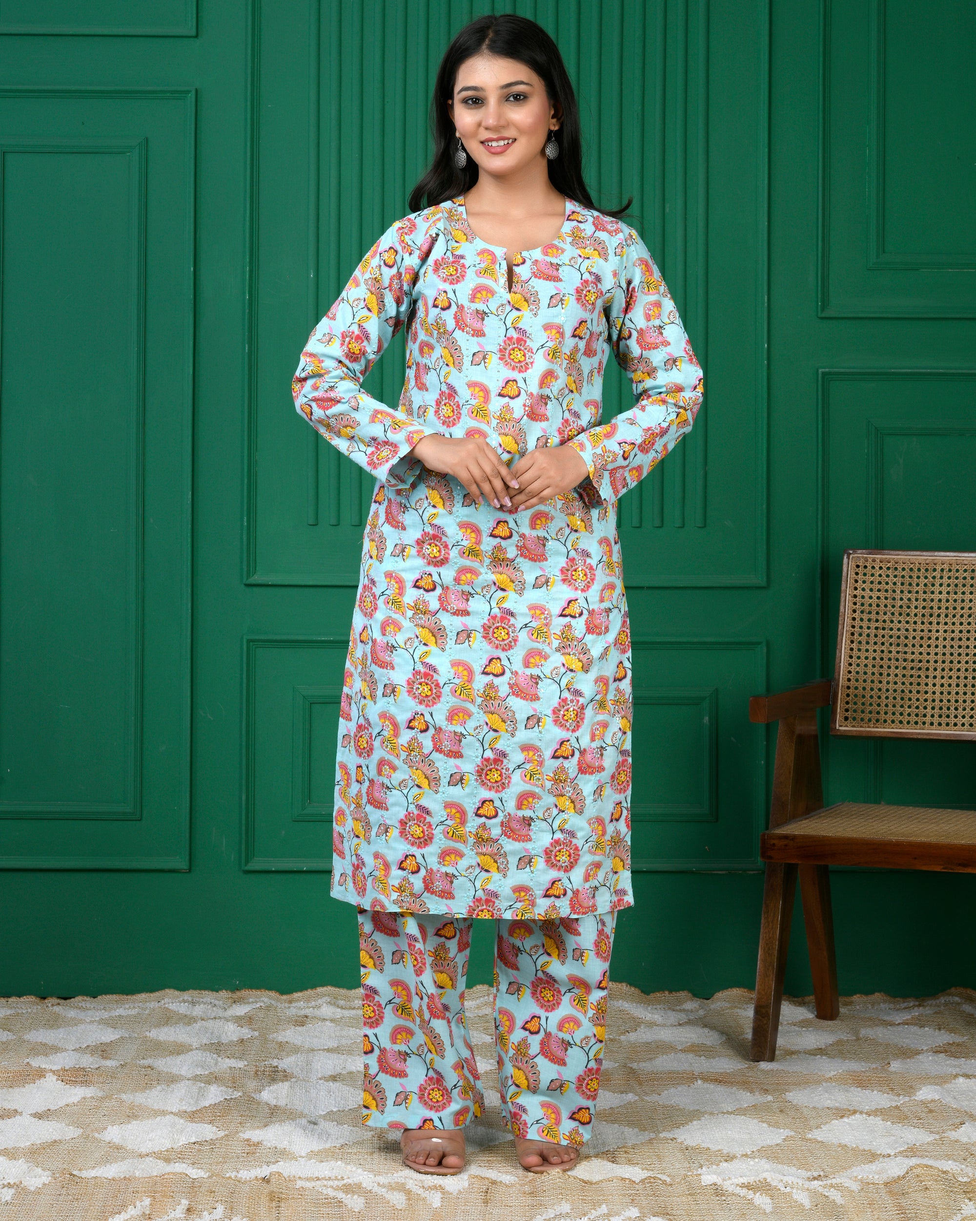 Pure cotton floral print kurti &amp; Plazo set - C Green