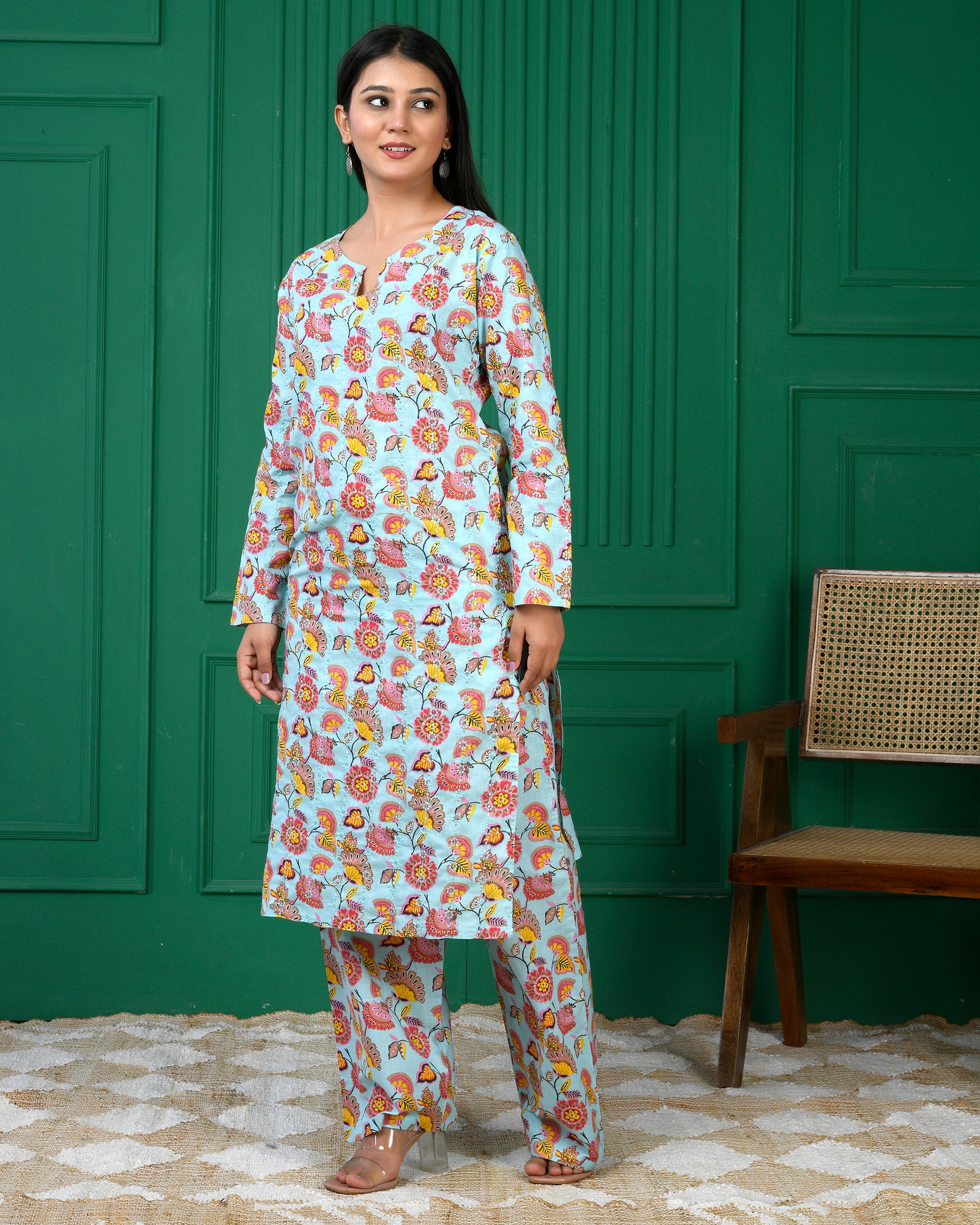 Pure cotton floral print kurti &amp; Plazo set - C Green