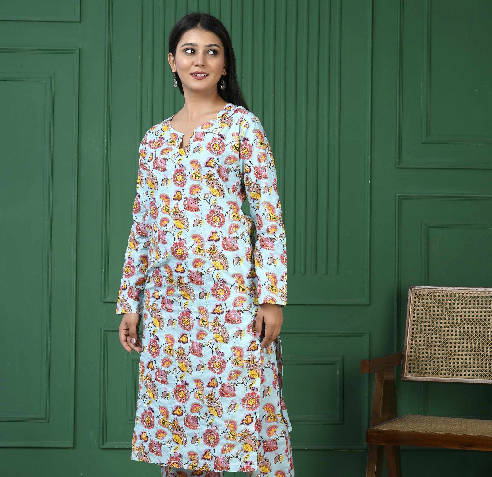 Pure cotton floral print kurti - C Green