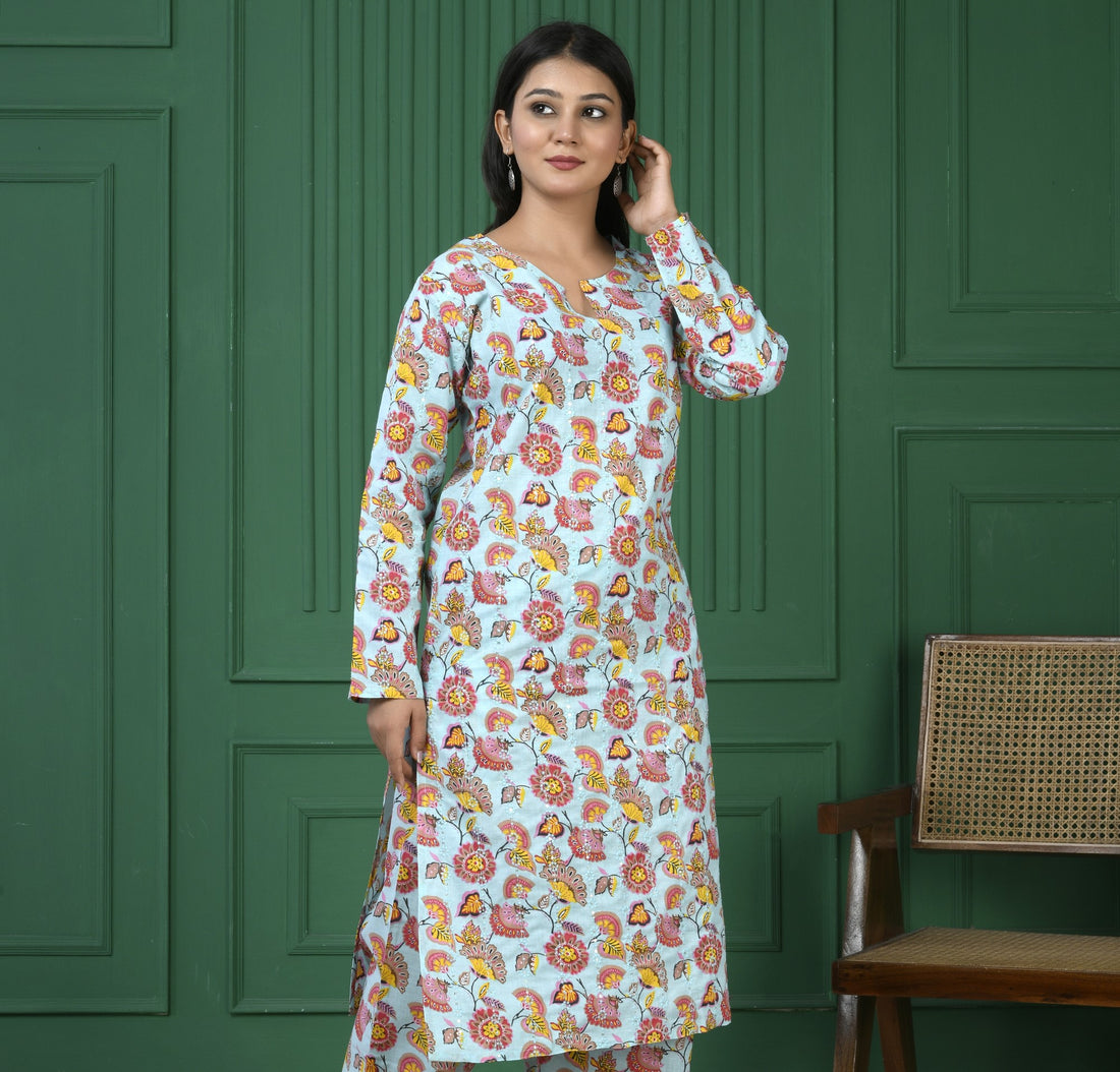 Pure cotton floral print kurti - C Green