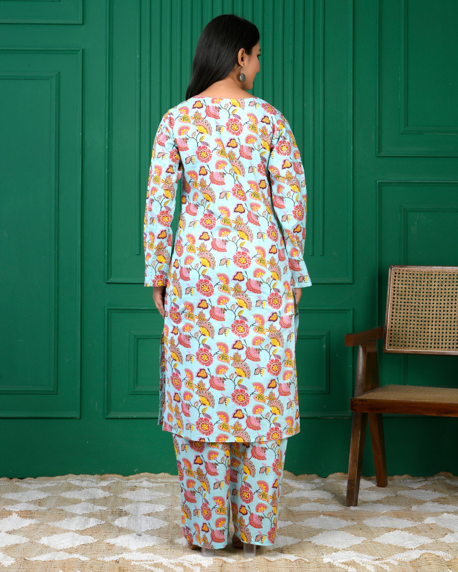 Pure cotton floral print kurti &amp; Plazo set - C Green