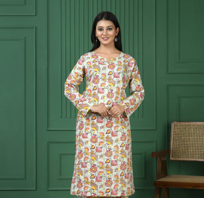 Pure cotton floral print kurti - Parrot Green