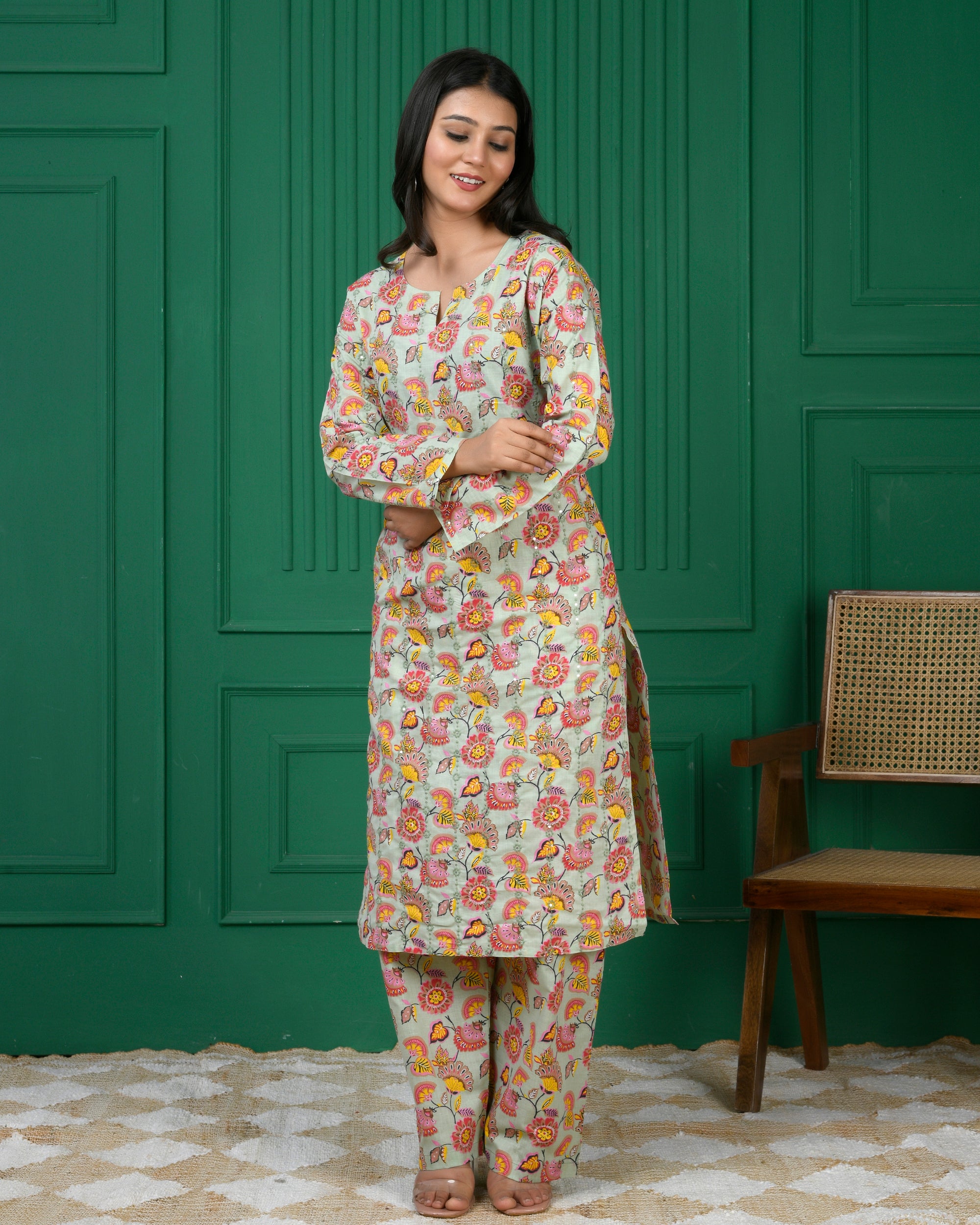 Pure cotton floral print kurti &amp; Plazo set - Parrot Green