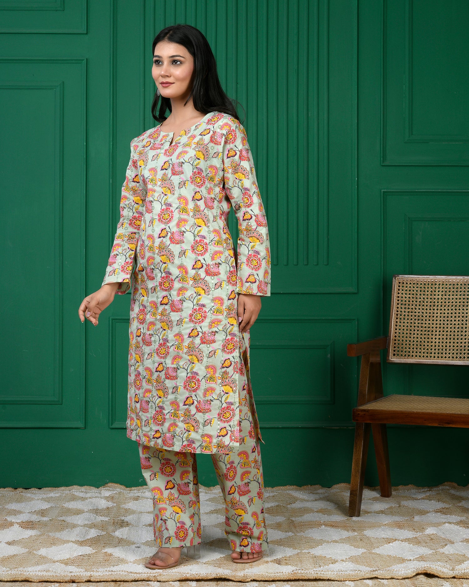 Pure cotton floral print kurti &amp; Plazo set - Parrot Green