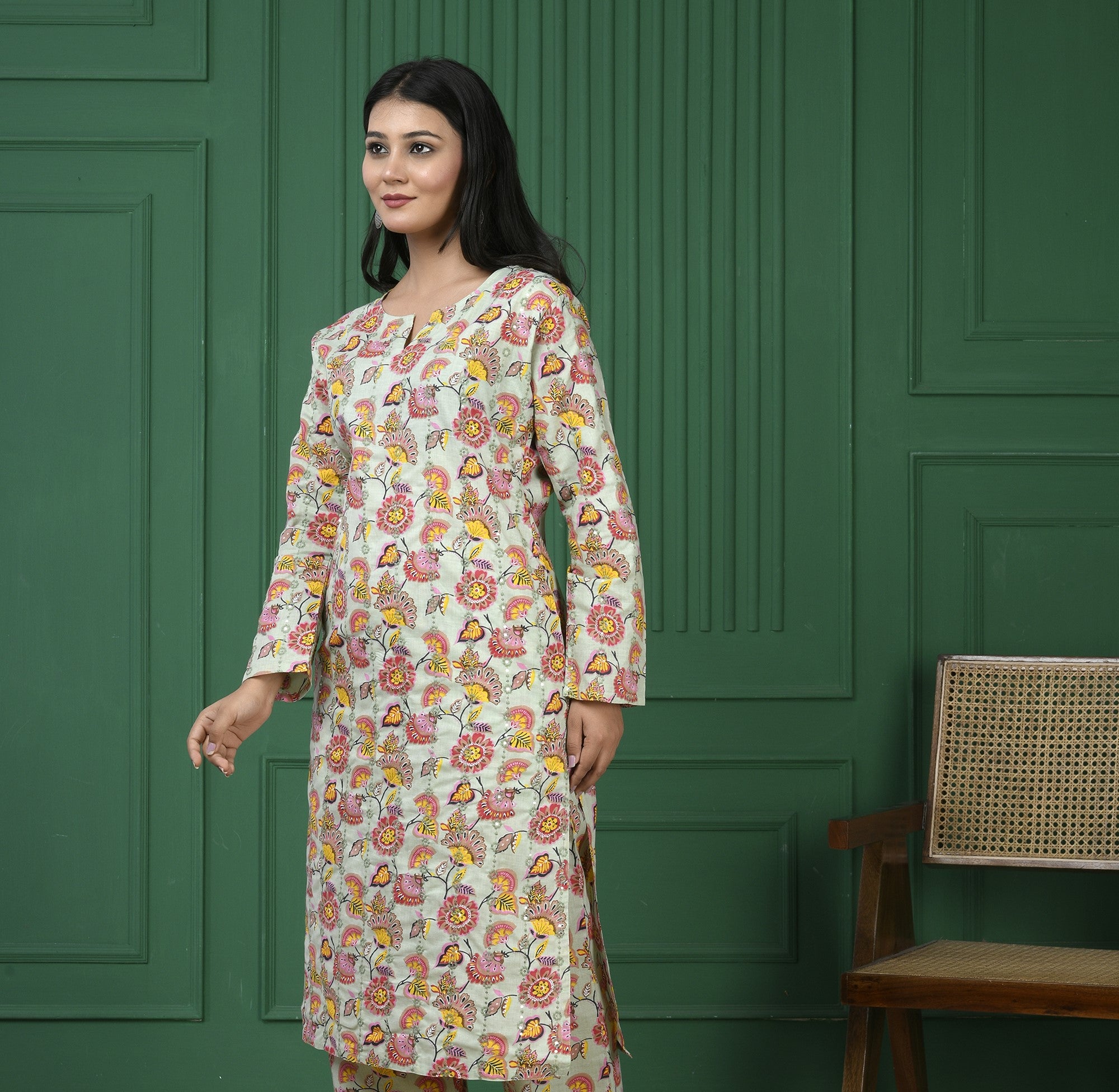 Pure cotton floral print kurti - Parrot Green