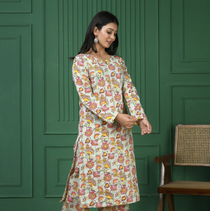 Pure cotton floral print kurti - Parrot Green