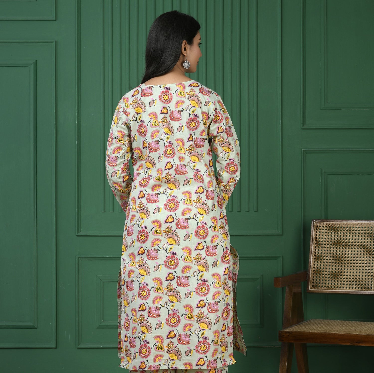 Pure cotton floral print kurti - Parrot Green